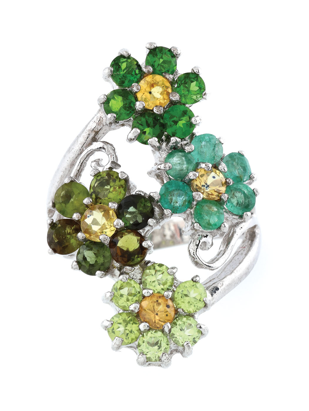 ”Green flowers” - inel din argint aurit, decorat cu smaralde, safire, peridote, crom diopside și turmaline