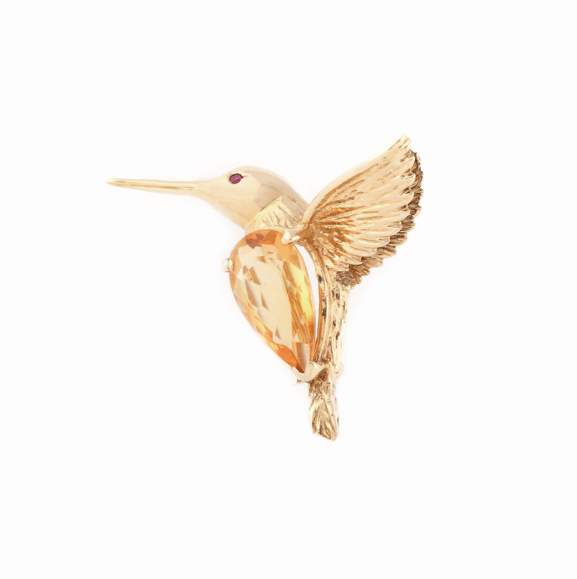 Superbă broşă din aur,  în forma unei păsări colibri, ornată cu citrin şi rubin