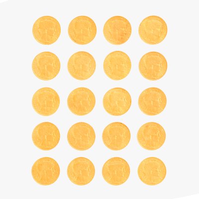 Lot format din 20 de monede de 20 Franci, a III-a Republică Franceză, 1906, aur