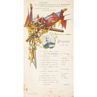 Programul banchetului dat în onoarea Colonelului Constantin Boerescu cu ocazia numirii sale comandant de brigadă, 27 aprilie 1903, tipar Socec, București