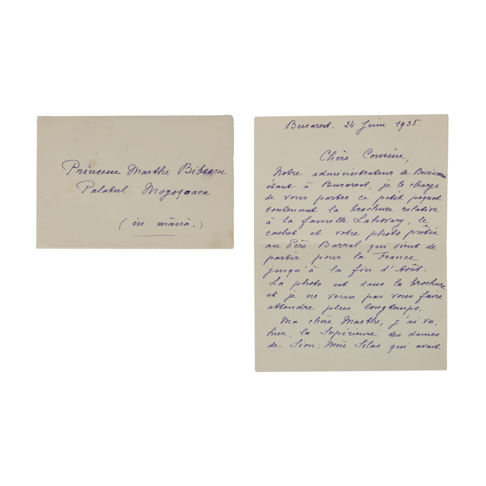 Scrisoare trimisă de Elena Lahovary către Martha Bibescu, București, 24 iunie 1935, cu plicul original