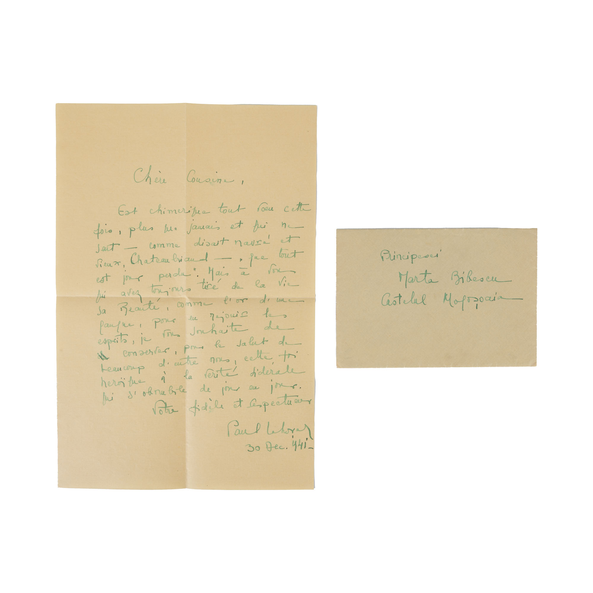 Scrisoare olografă trimisă de Paul Lahovary către Martha Bibescu, București, 30 decembrie 1941, cu plicul original