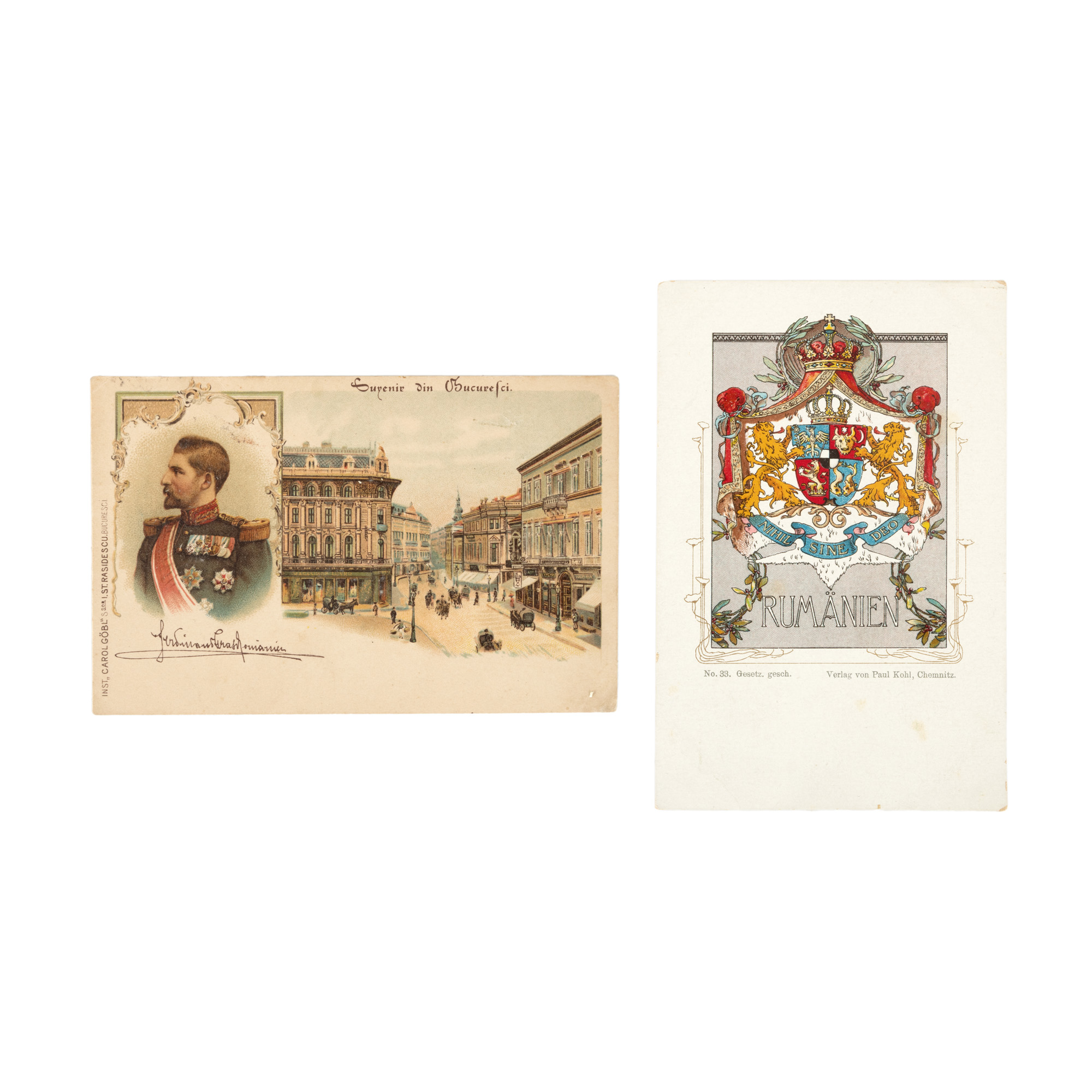 Lot format din două cărți poștale cromolitografice ilustrând stema Regatului României și pe principele moștenitor al tronului Ferdinand, cca. 1900