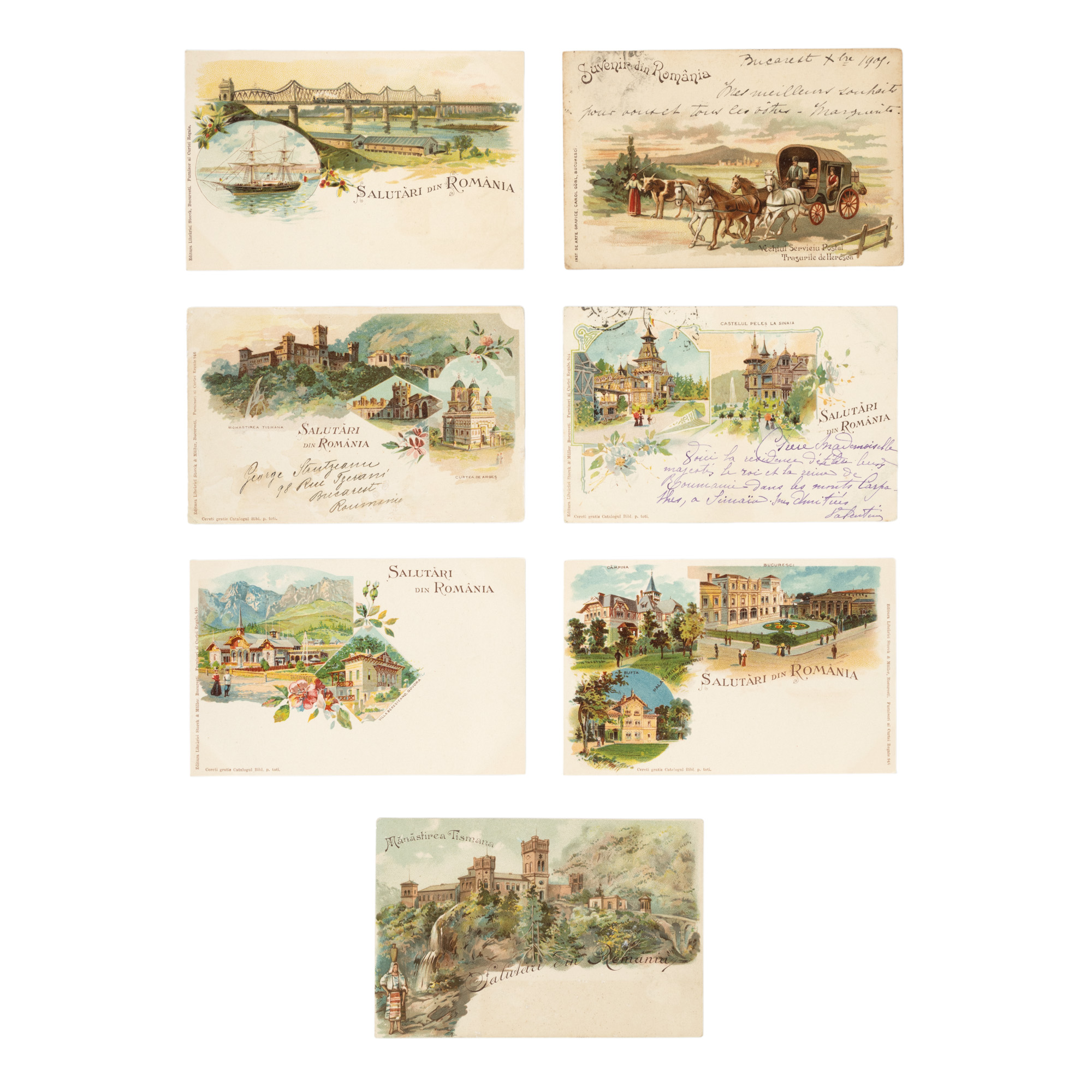 Lot format din 7 cărți poștale clasice ”Salutări din România”. Locuri și oameni, 1900-1905
