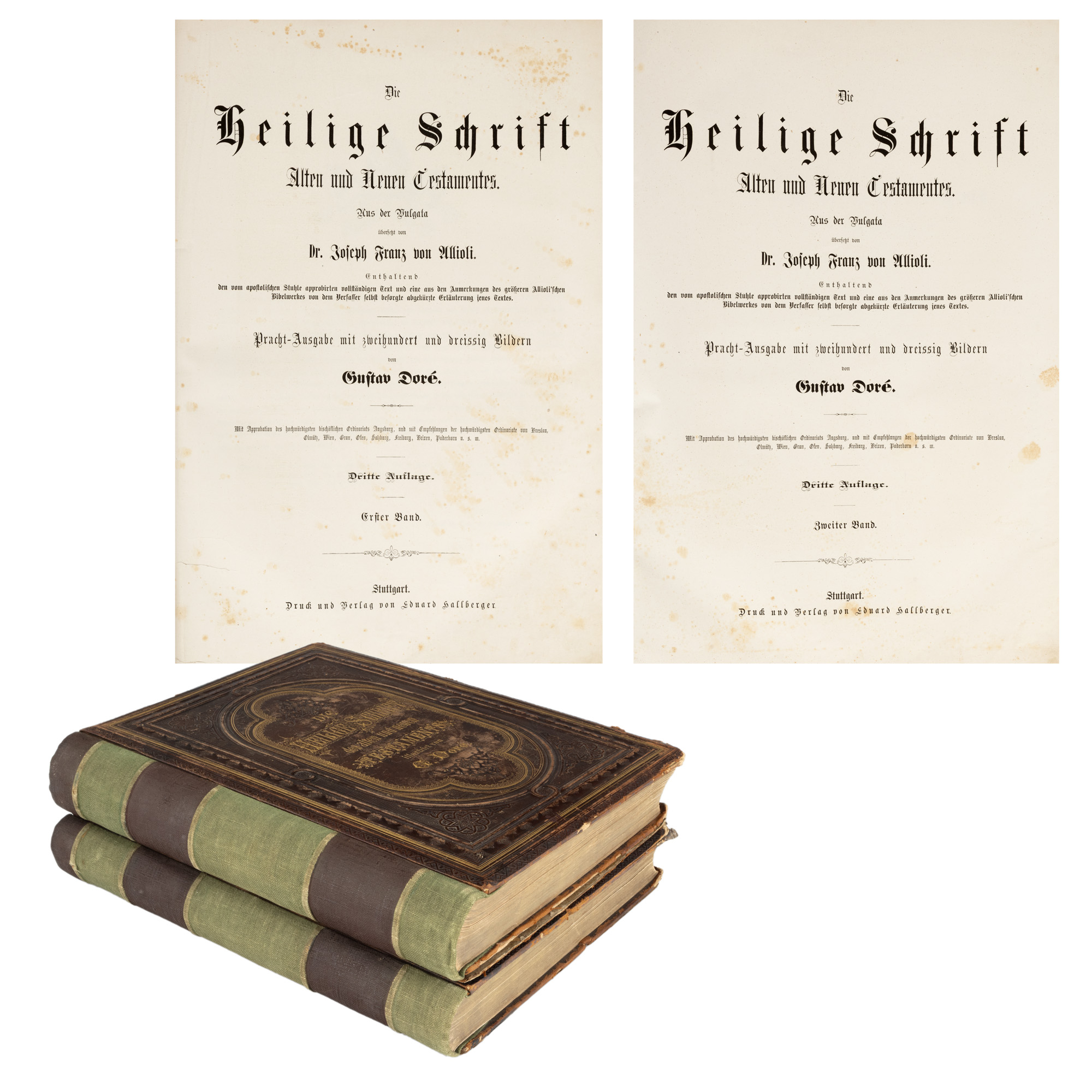 "Sfânta Scriptură, Noul și Vechiul Testament”, de Martin Luther, două volume, germană, cu 247 de litografii de Gustave Doré, Stuttgart, cca. 1900