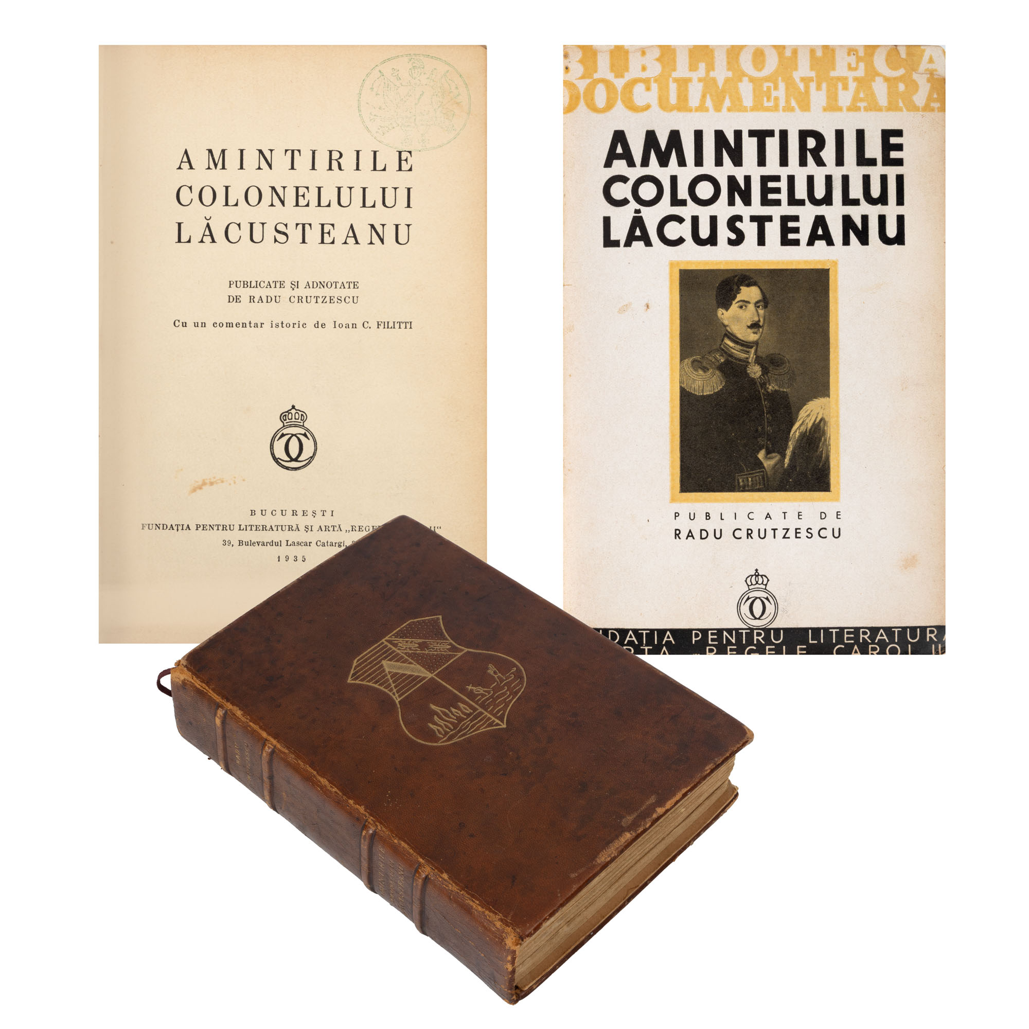 ”Amintirile Colonelului Lăcusteanu”, de Radu Crutzescu, București, 1935, exemplar nepus în comerț, numerotat 24/25, provine din colecția criticului și istoricului literar Magdalena Popescu-Bedrosian