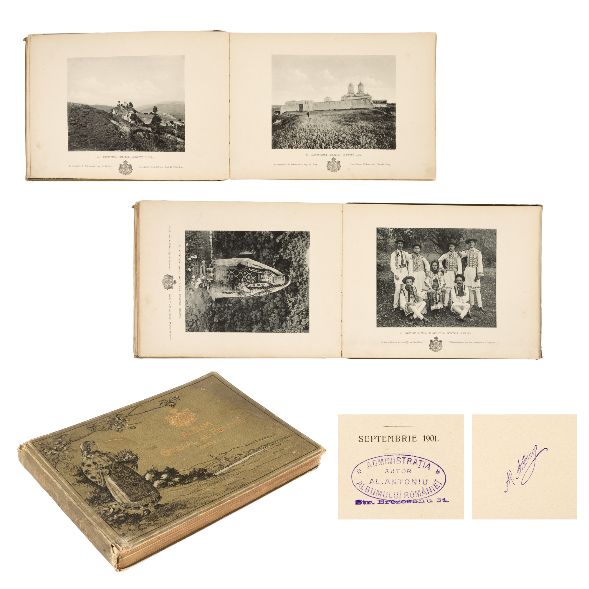 ”Album general al României”, de Alexandru Antoniu, partea întâi, compusă din 100 de tablouri, tipărit la Dresda și Berlin, 1901, ediție de lux, cu un ex-libris deosebit
