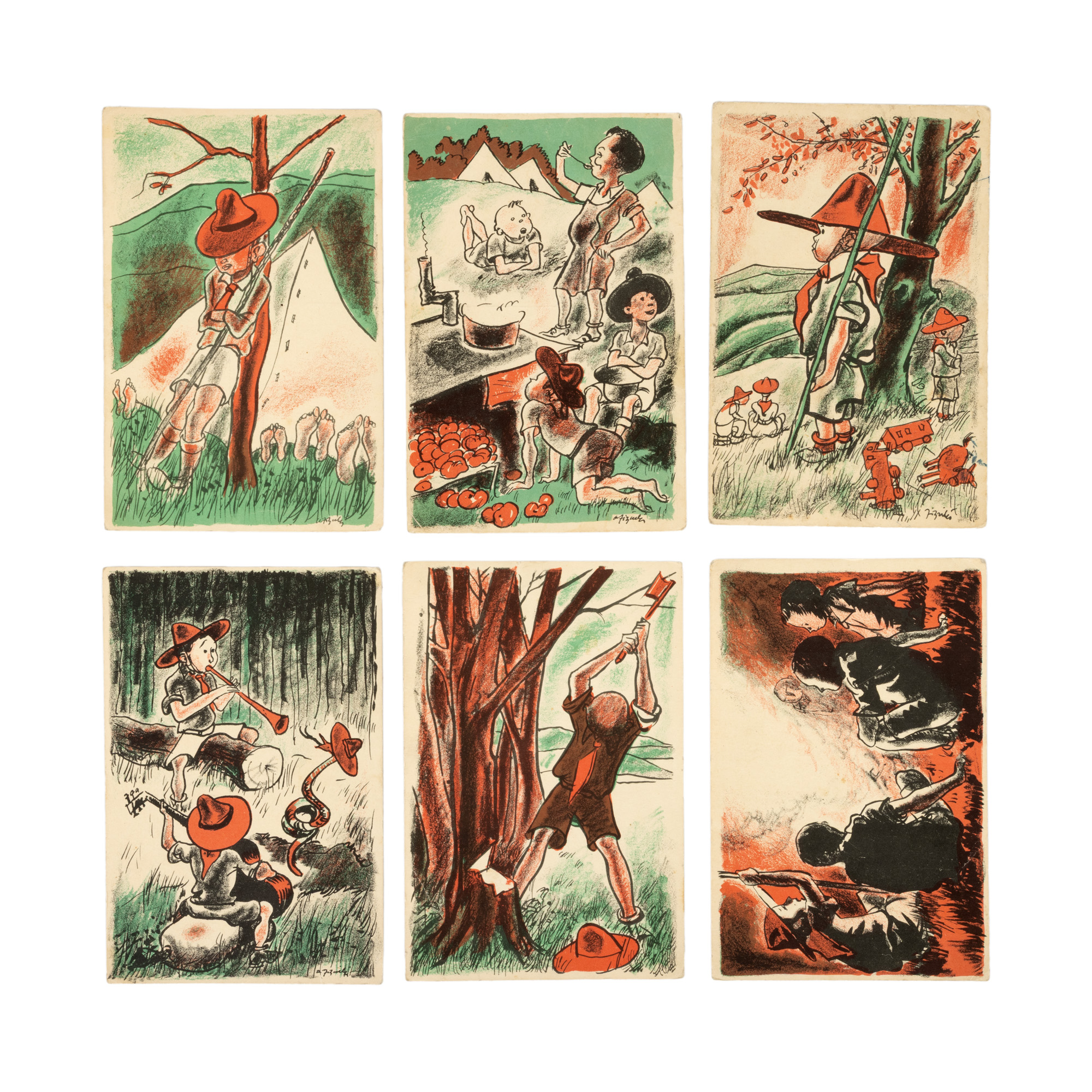 Lot format din șase cărți poștale ”Cercetașii României de la Jamboree”, anii 30, după desene de Aurel Jiquidi