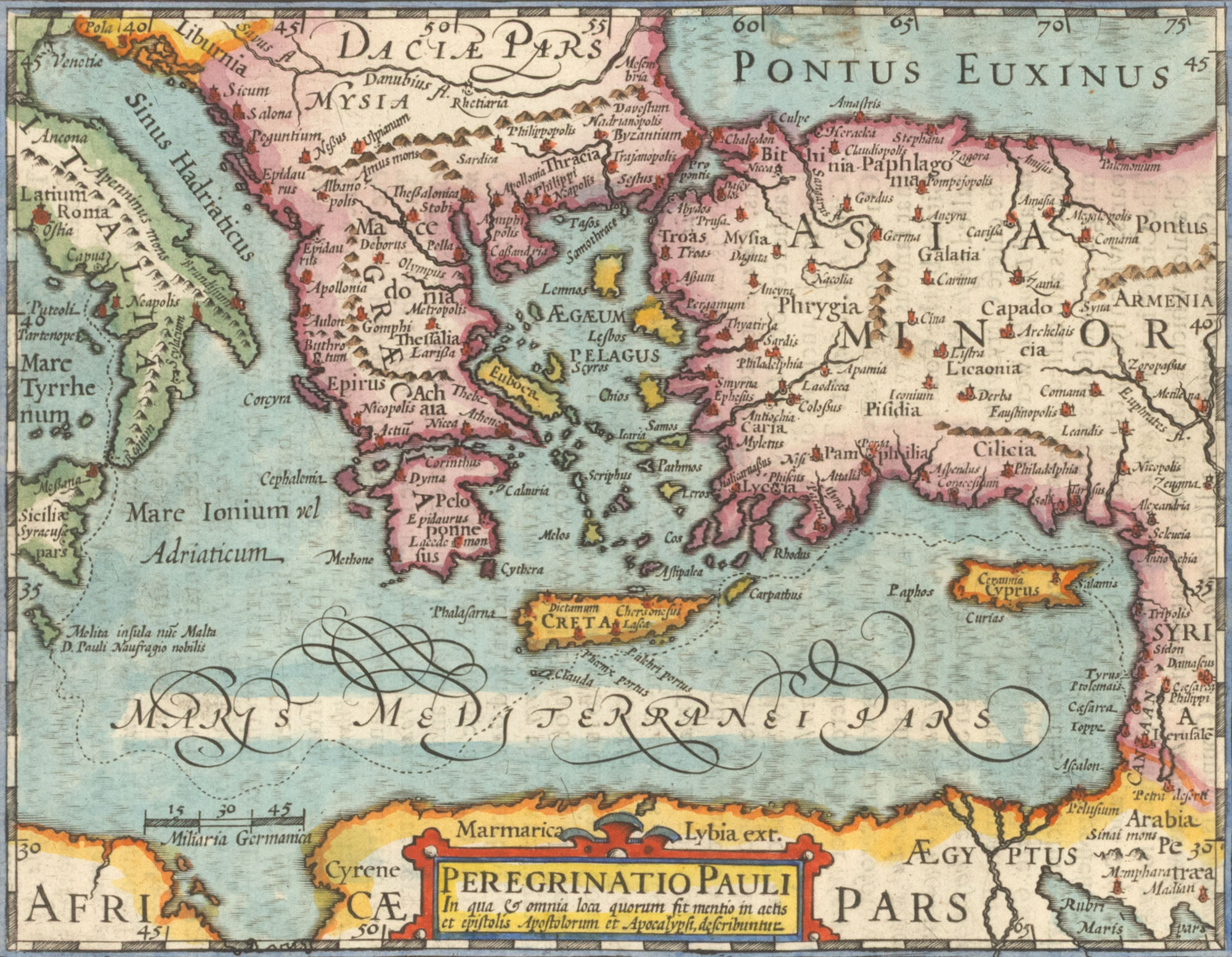 Hartă ”Călătoriile Sfântului Apostol Pavel în bazinul mediteranean”, de Gerardus Mercator, publicată de Hendrik Hondius, Amsterdam, cca. 1625