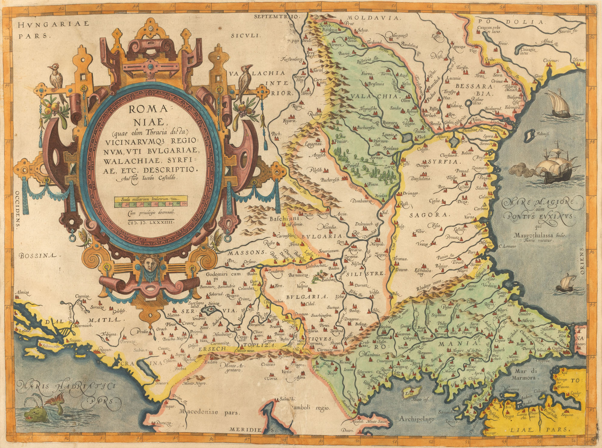 Hartă ”Romaniae, Bulgaria, Valahia", de Iacobo Castaldi, tipărită de Abraham Ortelius, ediţia Orbis Terrarum, Antwerp, 1584