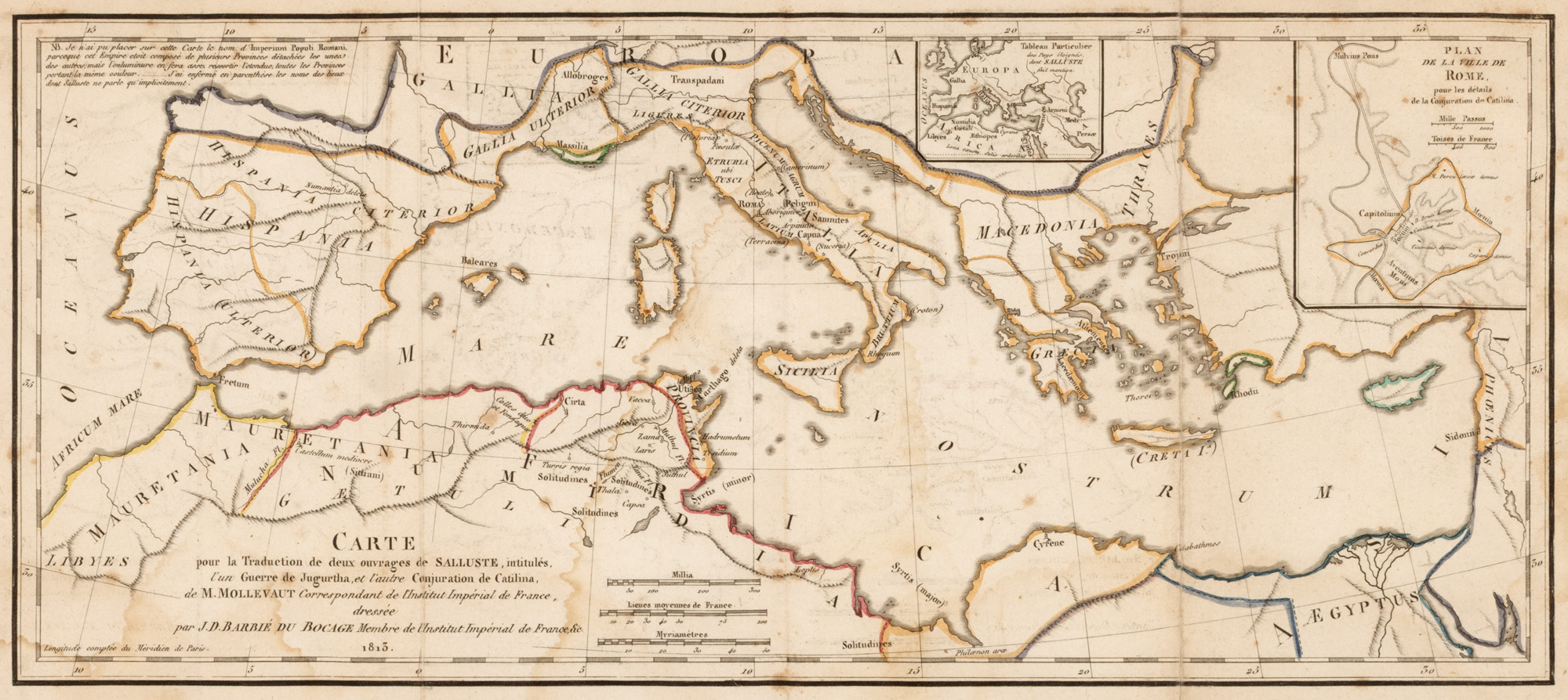 Hartă ”Imperiul Roman”, ilustrație din ”Conjurația lui Catilina” de Salustius, în ediția tradusă de Charles-Louis Mollevaut, Paris, 1809