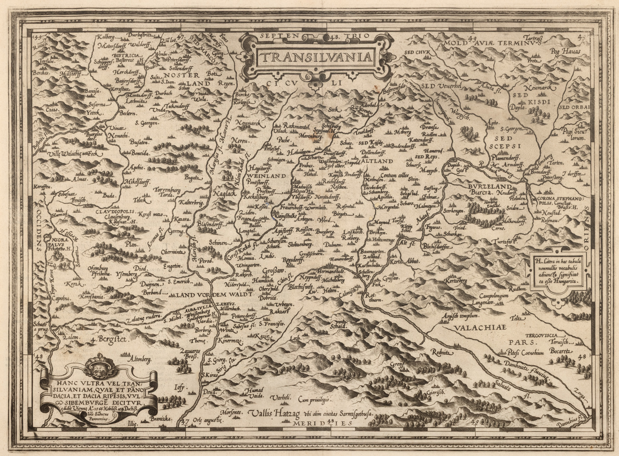Hartă ”Transilvania”, de Johannes Sambucus (Janos Zsamboky), tipărită de Abraham Ortelius, ediţia Orbis Terrarum, Antwerp, prima ediție în 1566