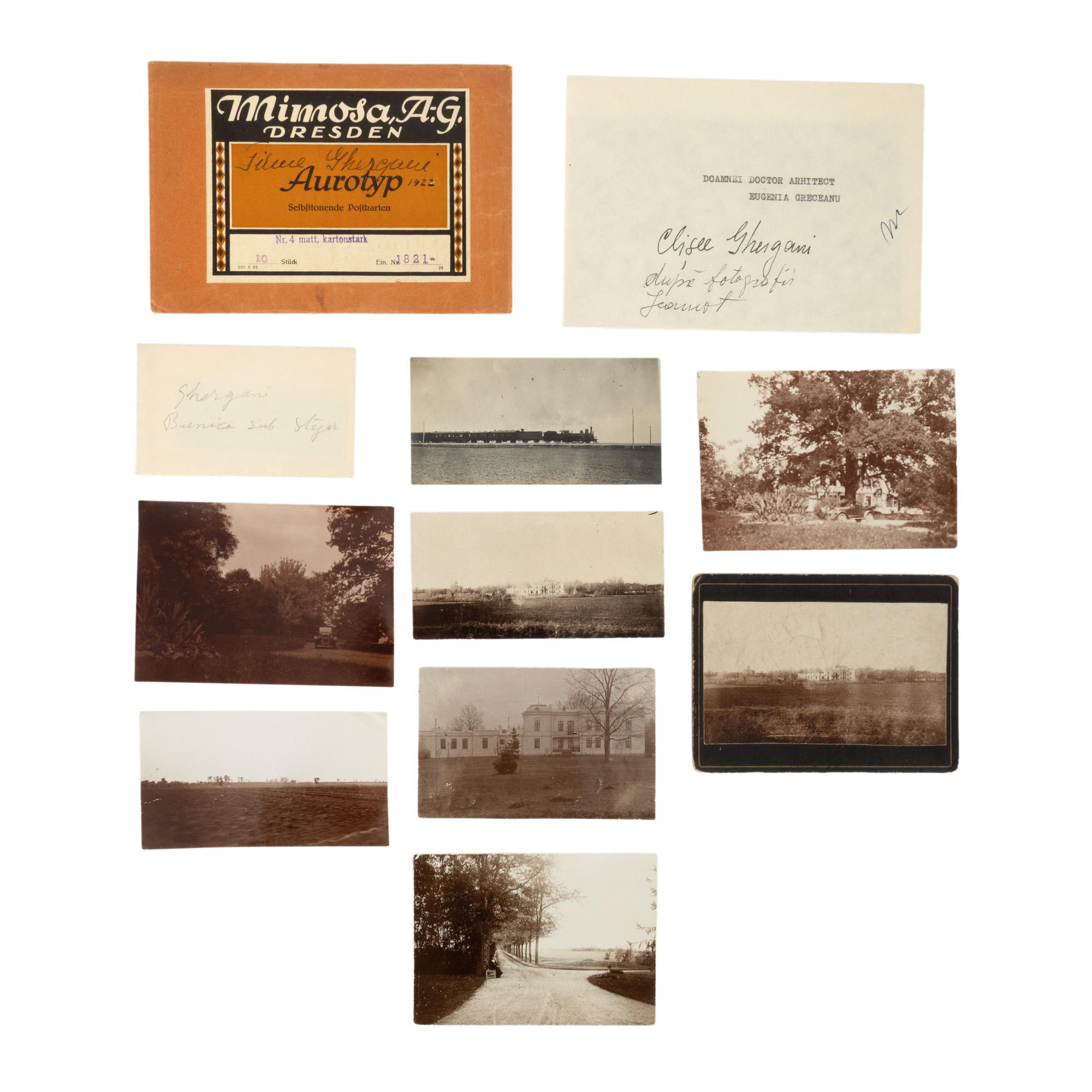 Lot format din 8 fotografii și 13 clișee fotografice pe celuloid ilustrând scene de pe moșia de la Ghergani a familiei Ghica, perioada interbelică