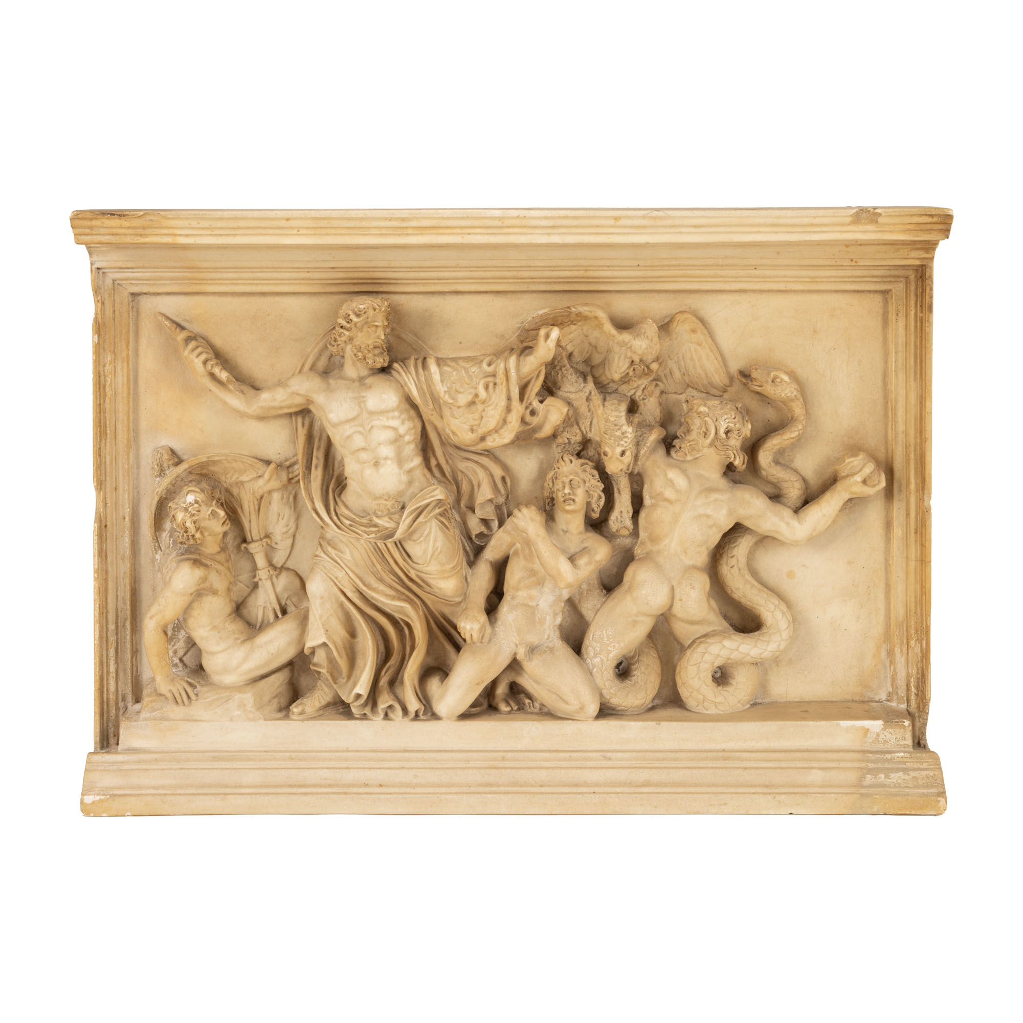 ”Bătălia dintre Zeus și Giganți”, basorelief, după friza Templului din Pergamon, provine din colecția inginerului Ion D. Ghica, începutul sec. XX