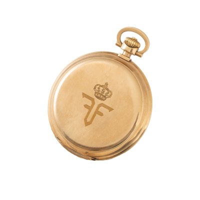 Ceas din aur, de buzunar, decorat cu cifrul Regelui Ferdinand, cca. 1920, piesă rară, de colecție