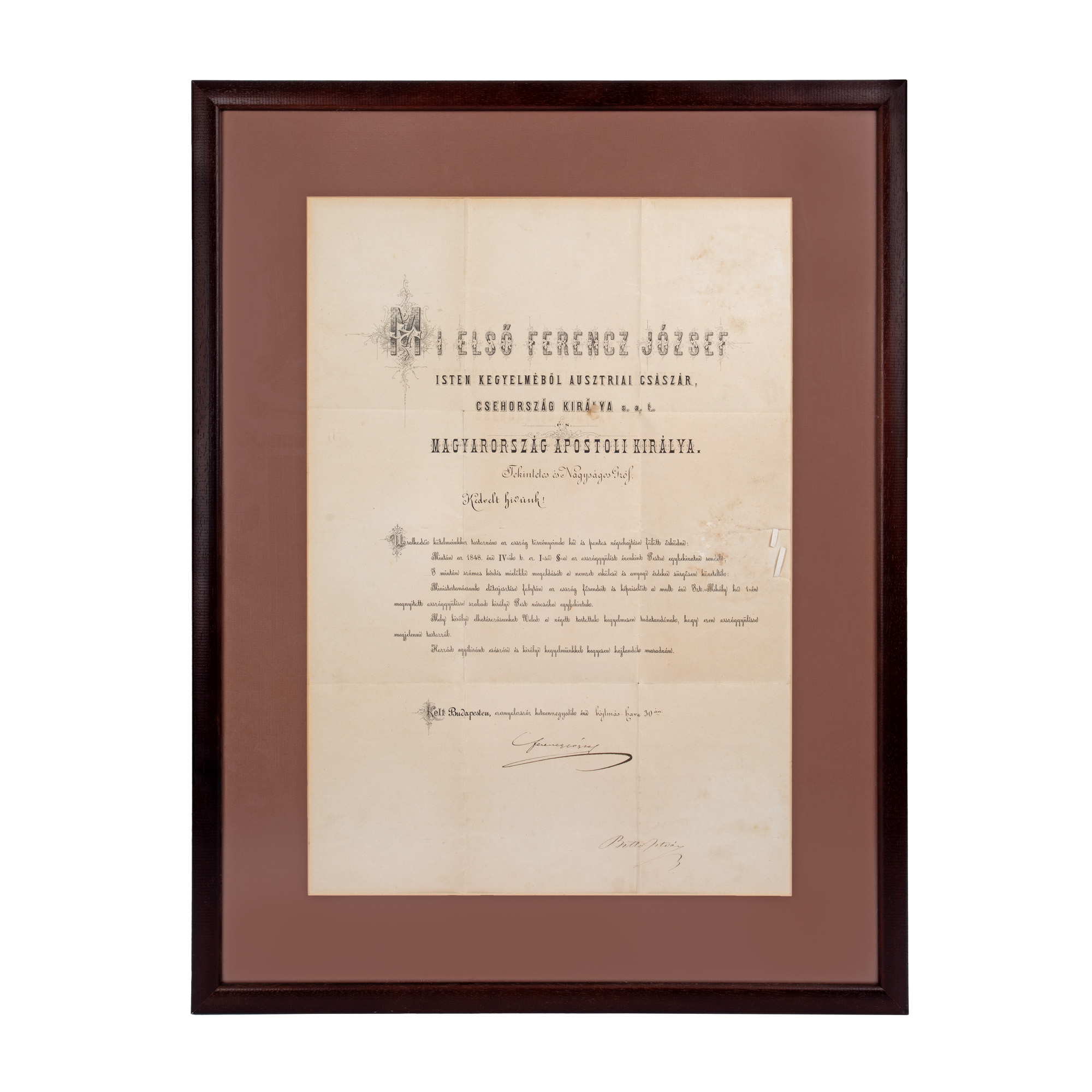 Diplomă imperială de convocare la deschiderea lucrărilor Parlamentului, 30 martie 1874, cu semnătura olografă a împăratului Franz Joseph 
