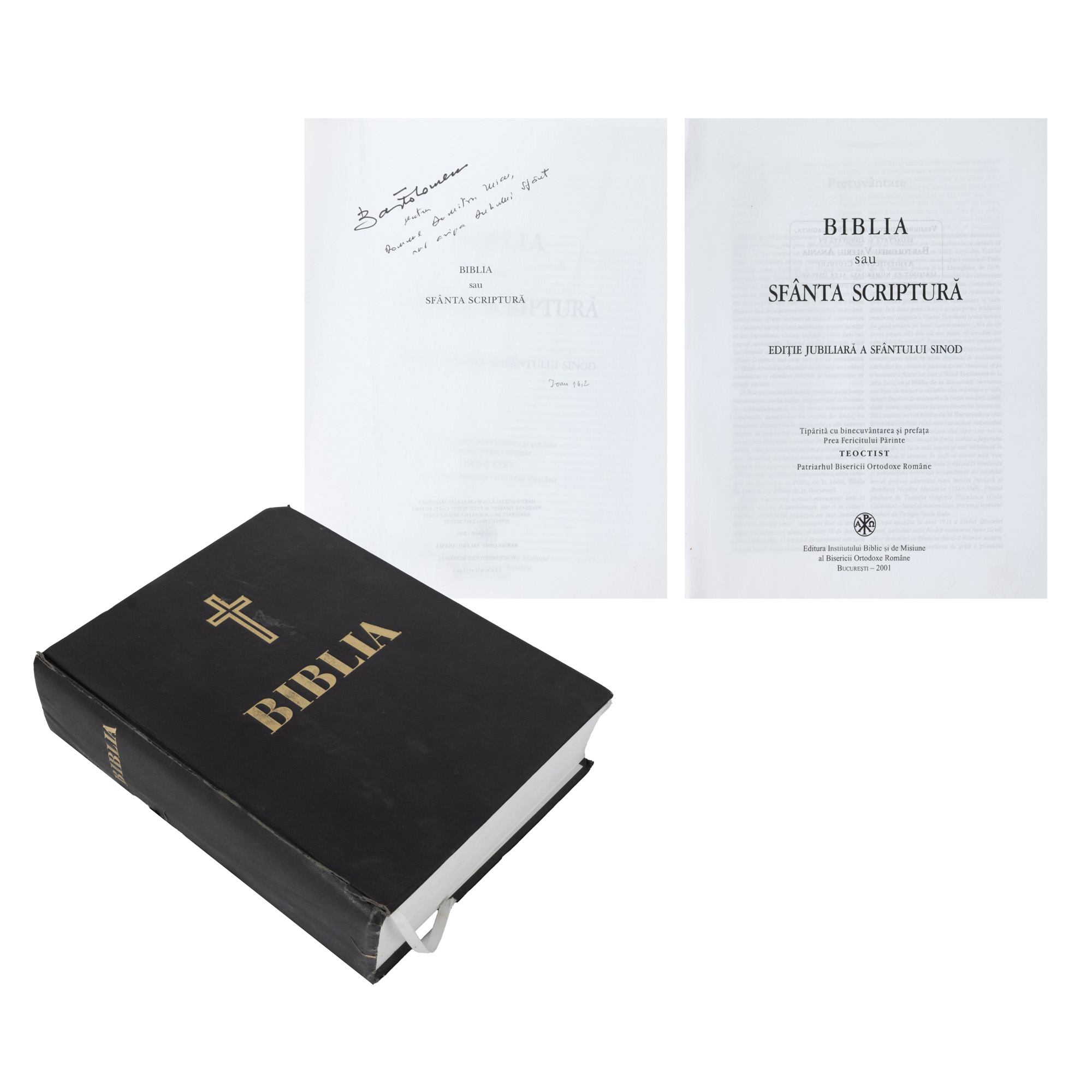 ”Biblia sau Sfânta Scriptură”, ediție jubiliară a Sfântului Sinod, București, 2001, cu dedicația olografă a mitropolitului Bartolomeu Anania către criticul literar Dumitru Micu