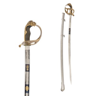 Sabie de ofițer de cavalerie, de gală, cu cifrul Regelui Carol I, lamă Solingen, decorată cu aur, personalizată unui tânăr prinț Ghica, sublocotenent, cu teacă, 1906