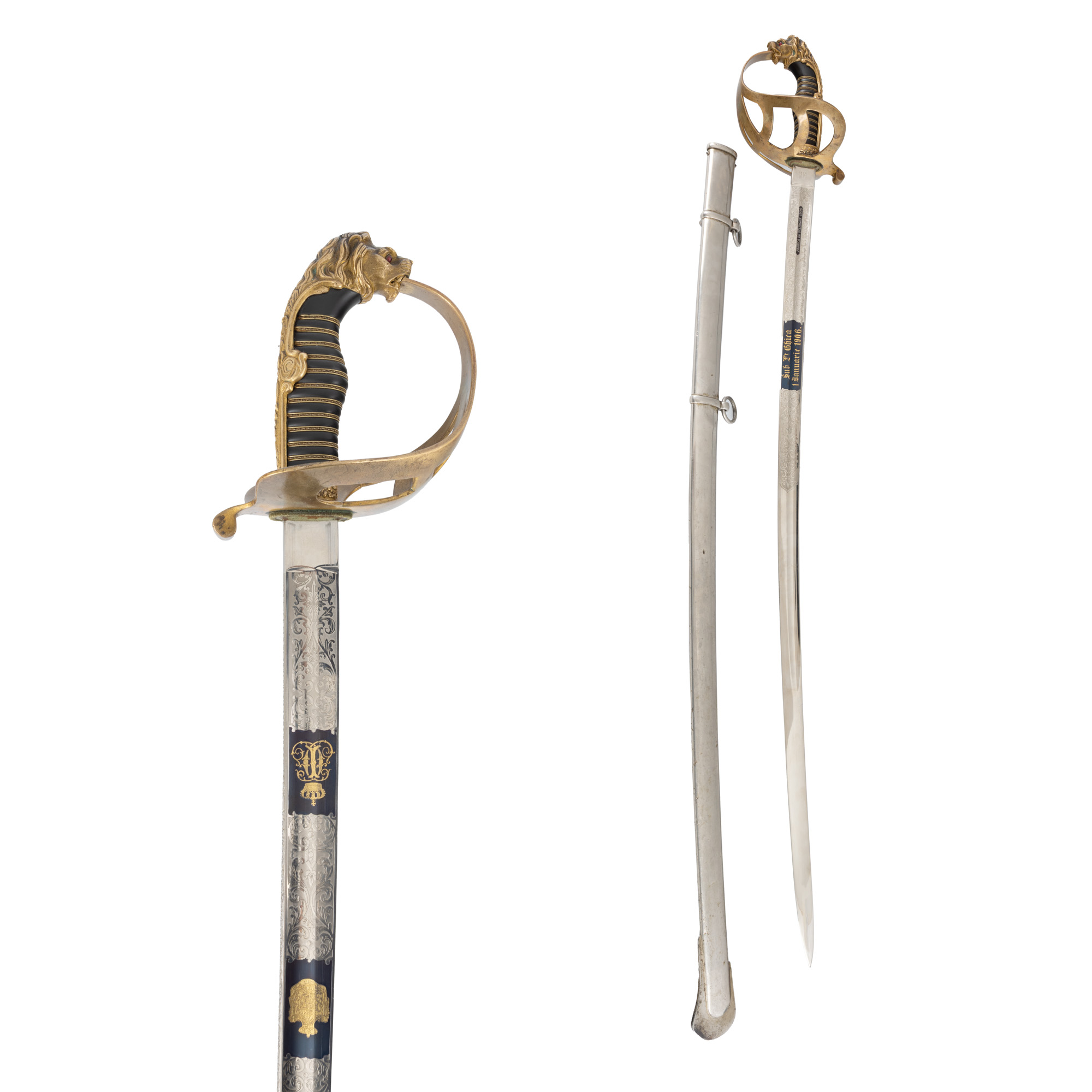 Sabie de ofițer de cavalerie, de gală, cu cifrul Regelui Carol I, lamă Solingen, decorată cu aur, personalizată unui tânăr prinț Ghica, sublocotenent, cu teacă, 1906