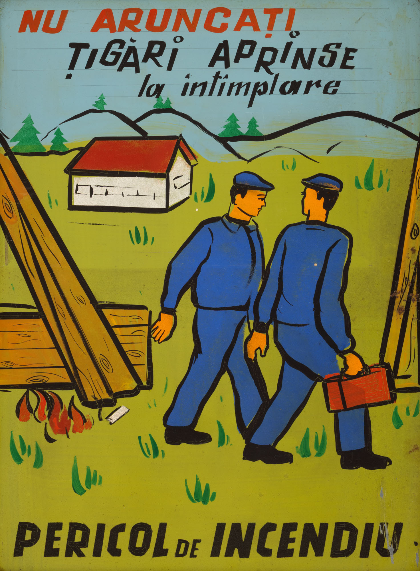 Tablă de avertizare, ”Nu aruncați țigări aprinse la întâmplare - pericol de incendiu”, pictată manual, anii '70