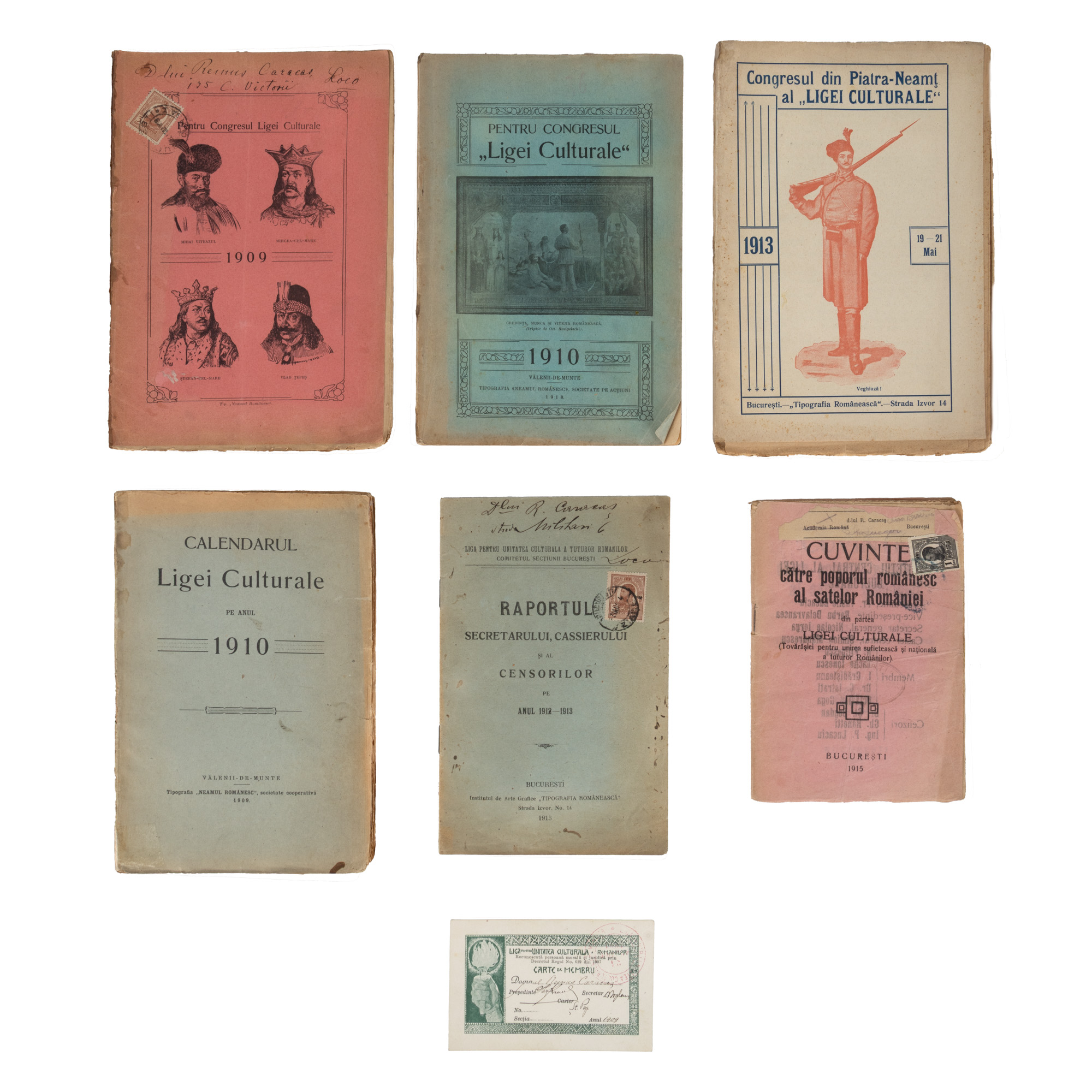 Lot format din 6 volume cu privire la ”Liga pentru Unitatea Culturală a Tuturor Românilor” și o carte de membru, 1909-1915