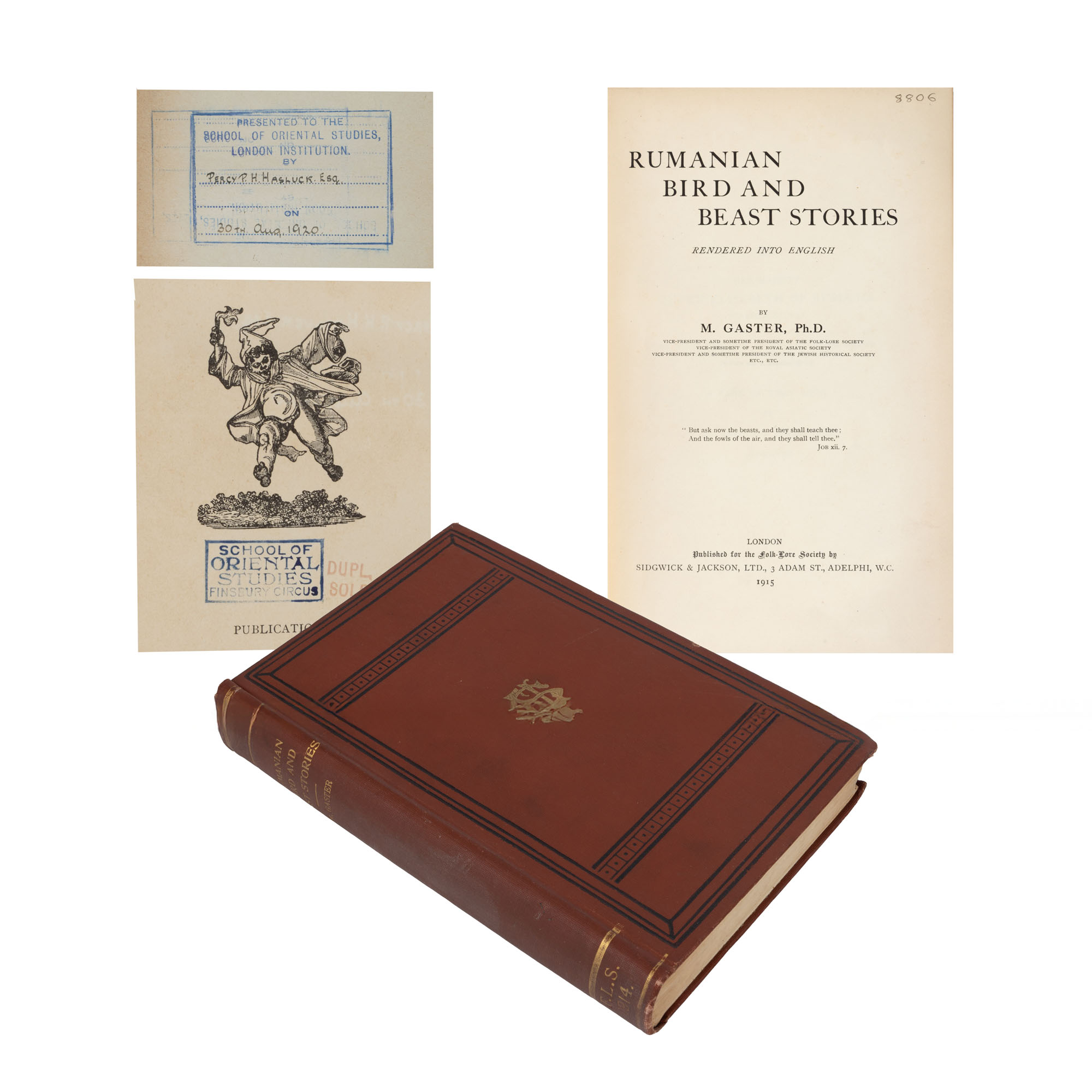 ”Povești românești cu păsări și animale”, de Moses Gaster, engleză, Londra, 1915, cu ex-libris