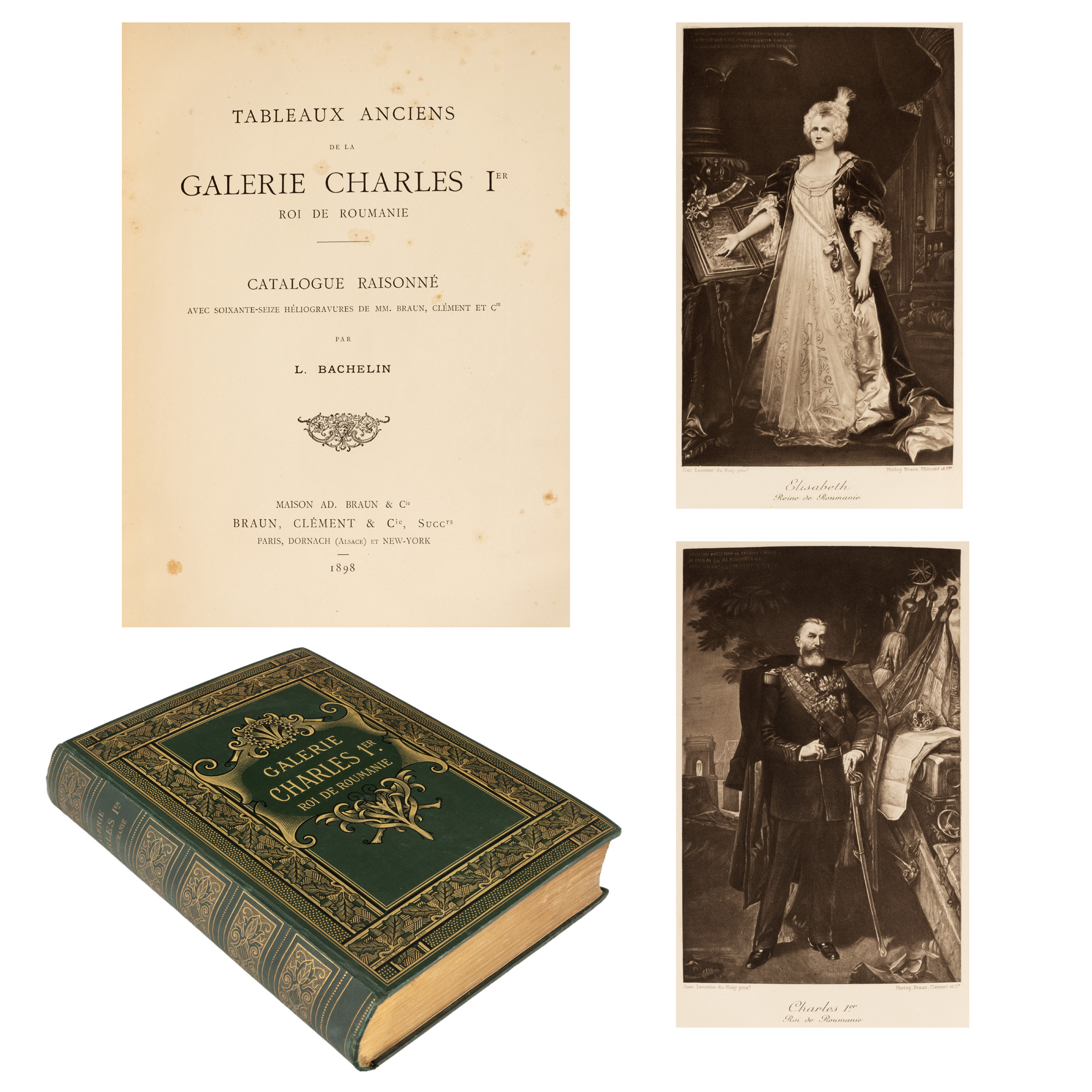 "Galeria de artă a Regelui Carol I al României", de Leo Bachelin, bibliotecarul familiei regale, franceză, conținând 74 heliogravuri, Paris, 1898, piesă de colecție