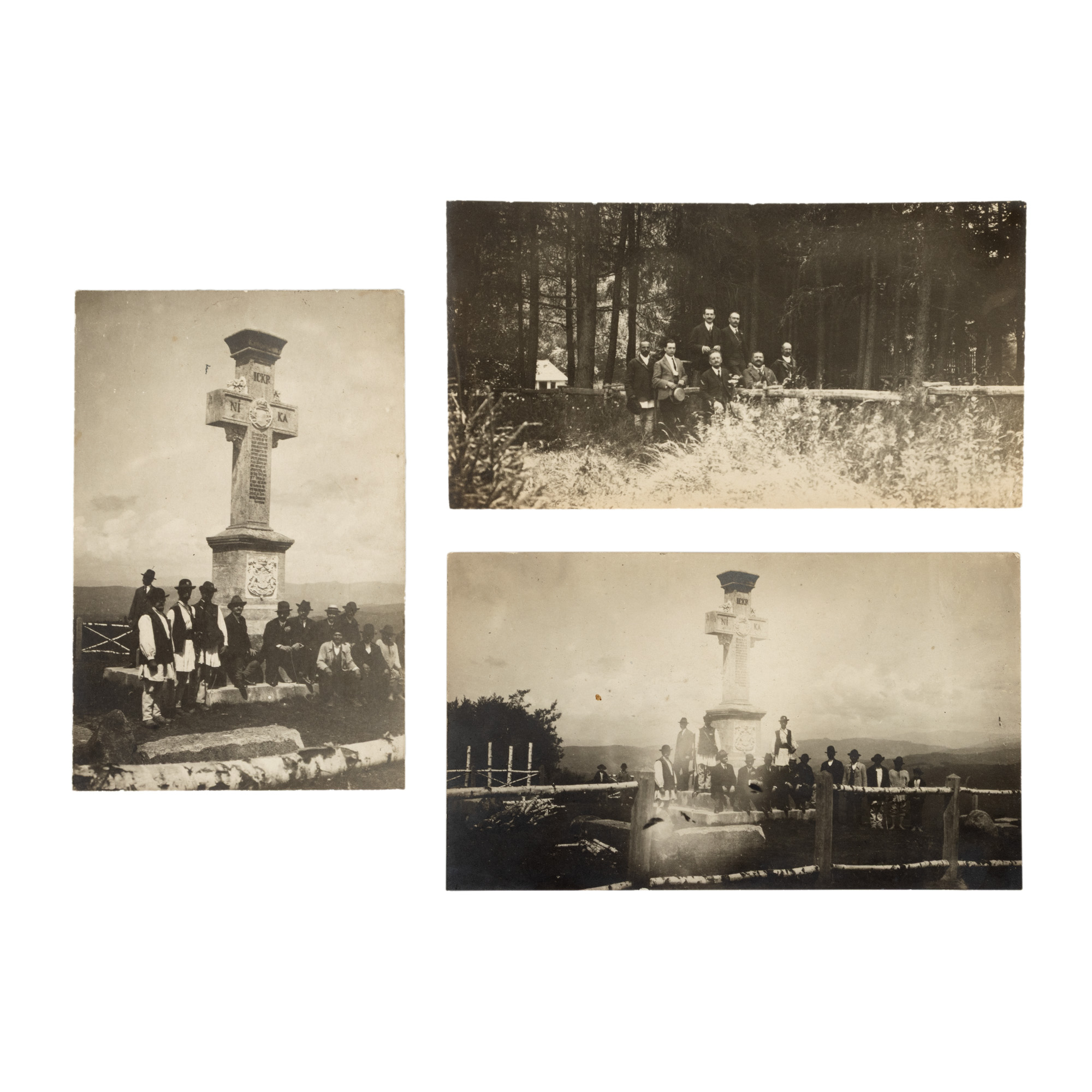 Lot format din 3 fotografii ilustrând fosta Cruce din piatră din incinta spitalului de la Boldești-Scăieni (Prahova), al Eforiei Spitalelor Civile, realizate de inginerul Ion D. Ghica