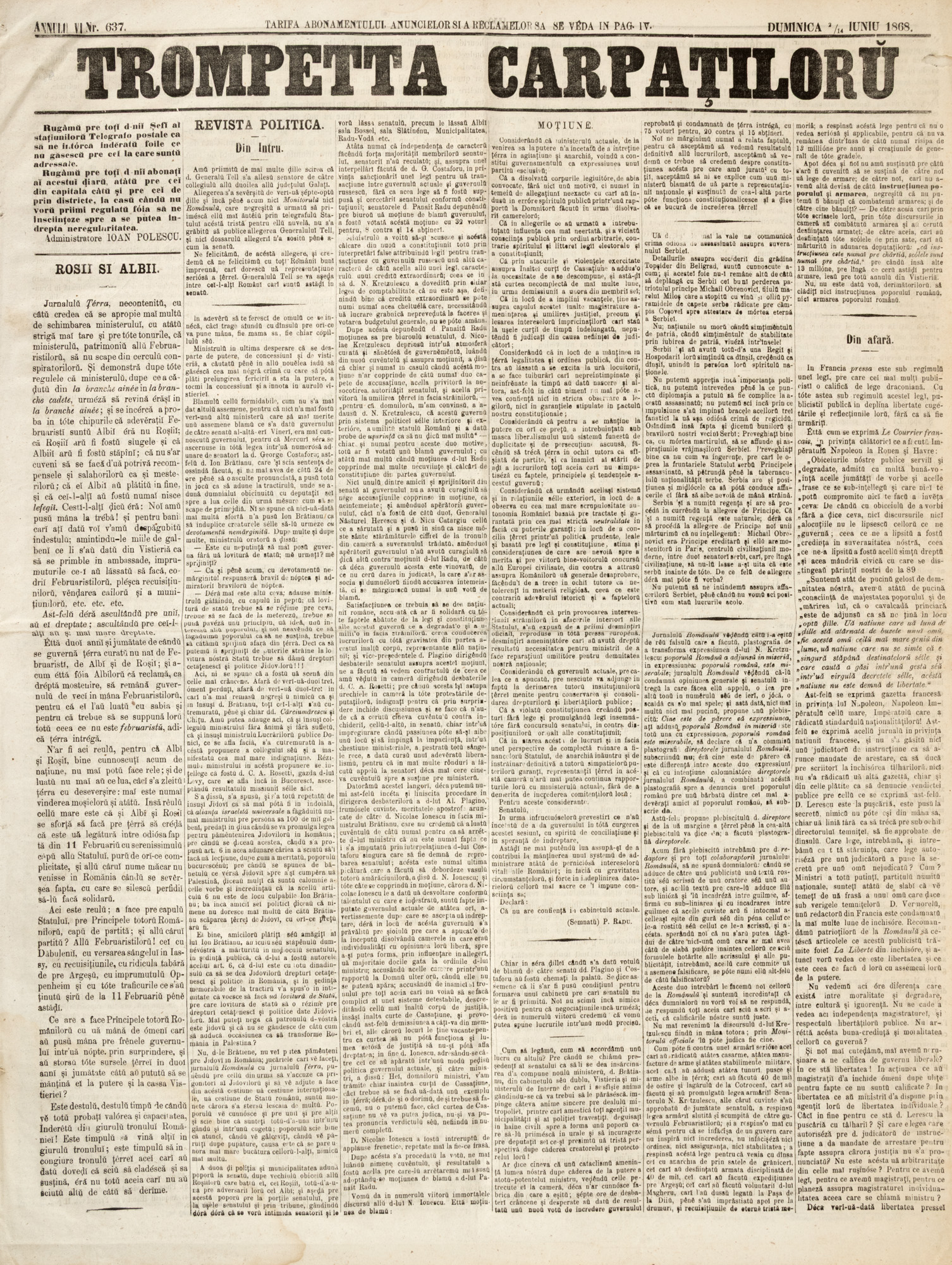 Revista ”Trompeta Carpaților”, an VI, nr. 637, 1/14 iunie 1868