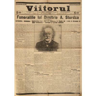 Ziarul liberal ”Viitorul”, număr dedicat funeraliilor lui Dimitrie A. Sturdza, fost președinte al PNL, 12 octombrie 1914