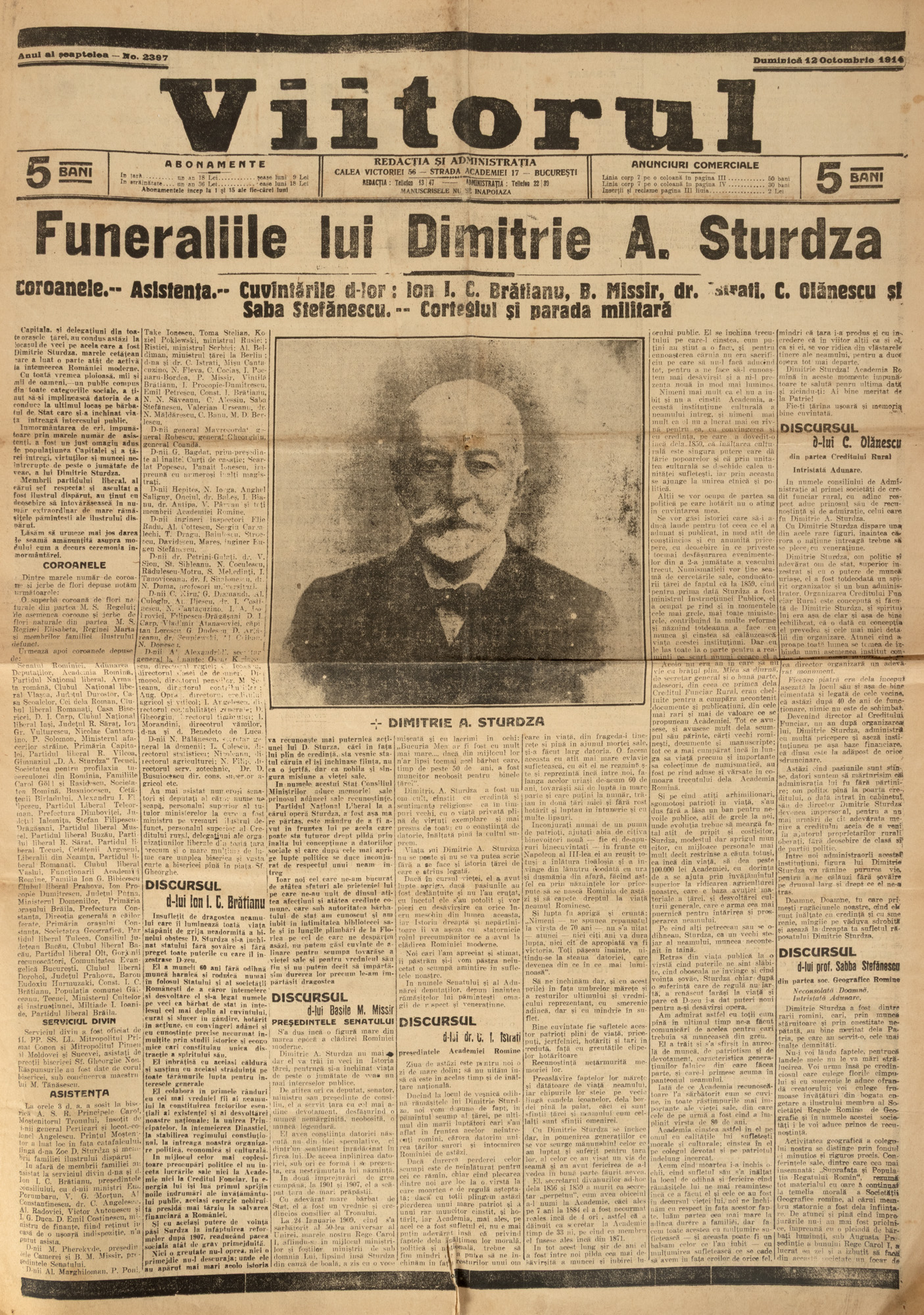 Ziarul liberal ”Viitorul”, număr dedicat funeraliilor lui Dimitrie A. Sturdza, fost președinte al PNL, 12 octombrie 1914