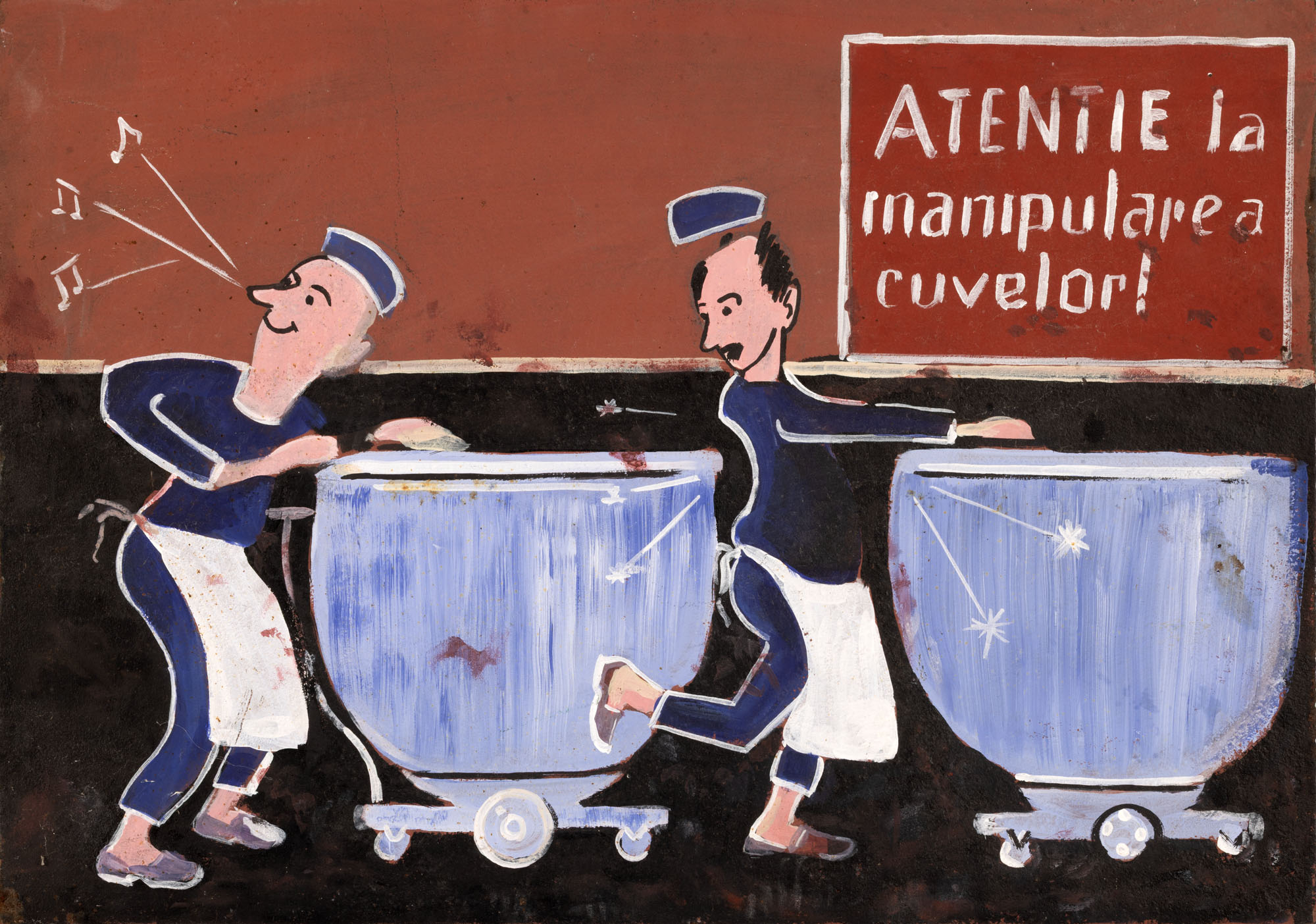 Tablă de avertizare, protecția muncii, ”Atenție la manipularea cuvelor!”, pictată manual, anii '60