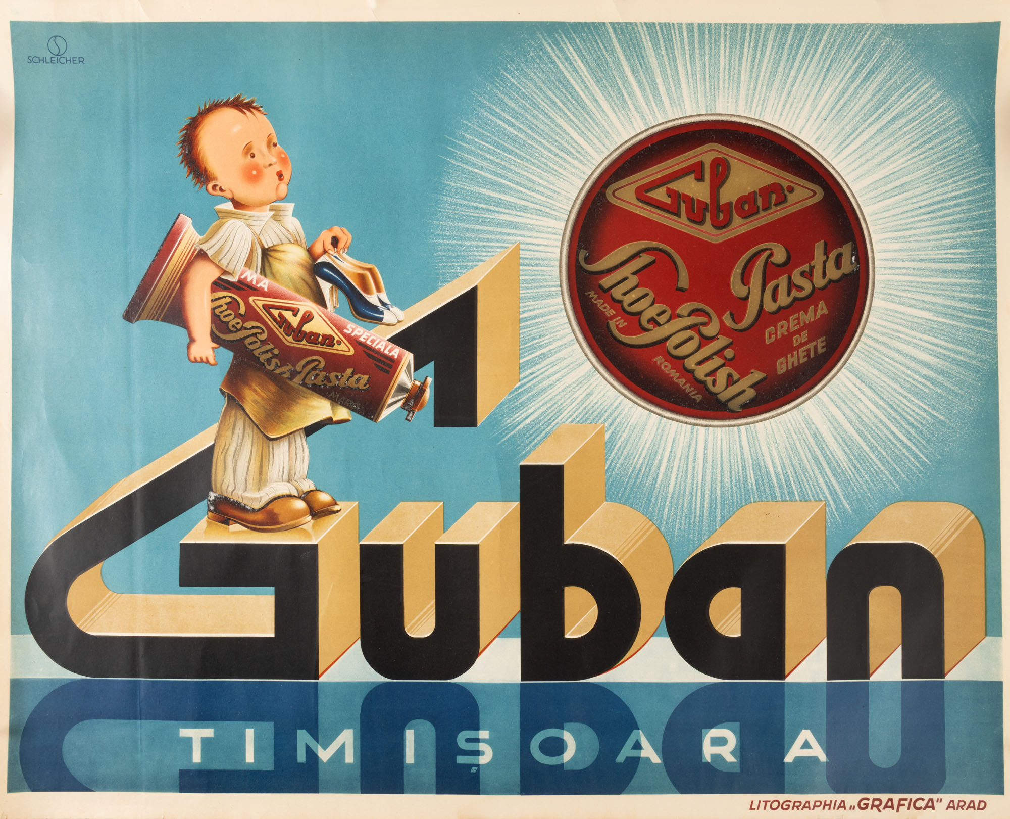 Splendid afiș publicitar ”Guban - cremă de ghete”, Timișoara, Litografia Grafica, Arad, cca. 1930, cu semnătura artistului