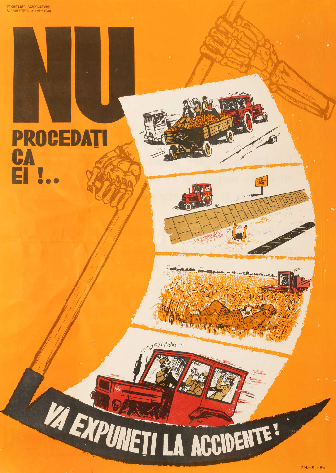 Afiș protecția muncii ”Nu procedați ca ei”, Ministerul Agriculturii și Industriei Alimentare, 1981