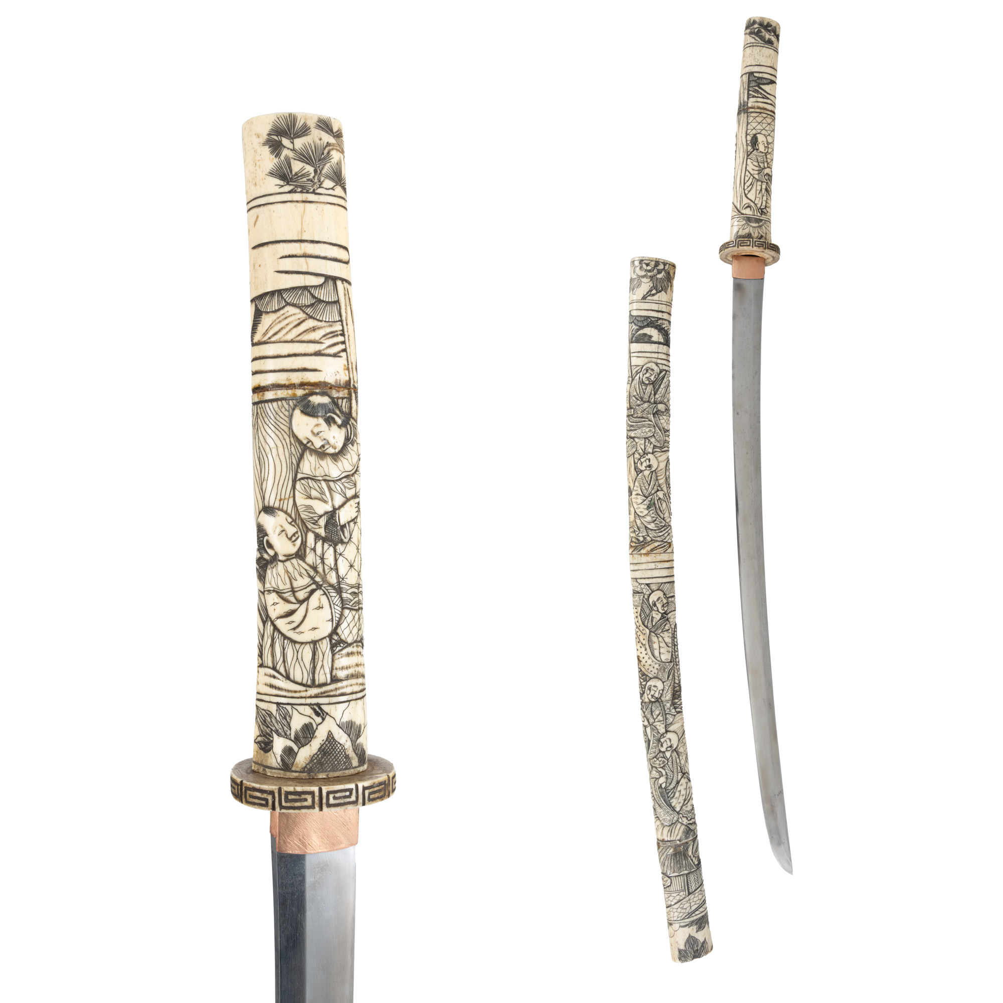 Sabie Wakizashi, cu teaca, garda și mânerul din fildeș sculptat, Japonia, începutul sec. XX