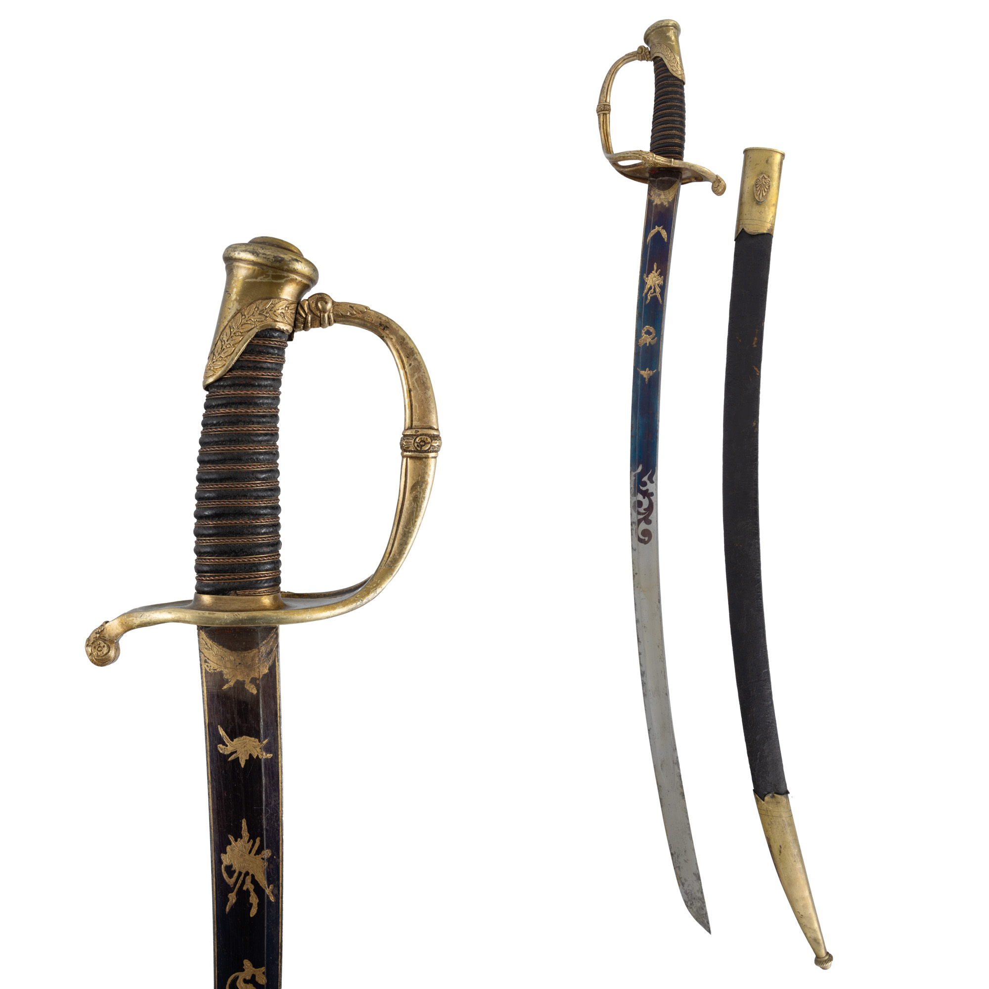 Sabie de ofițer de cavalerie, cu lamă gravată cu trofee războinice și cu teacă, Franța, cca. 1820