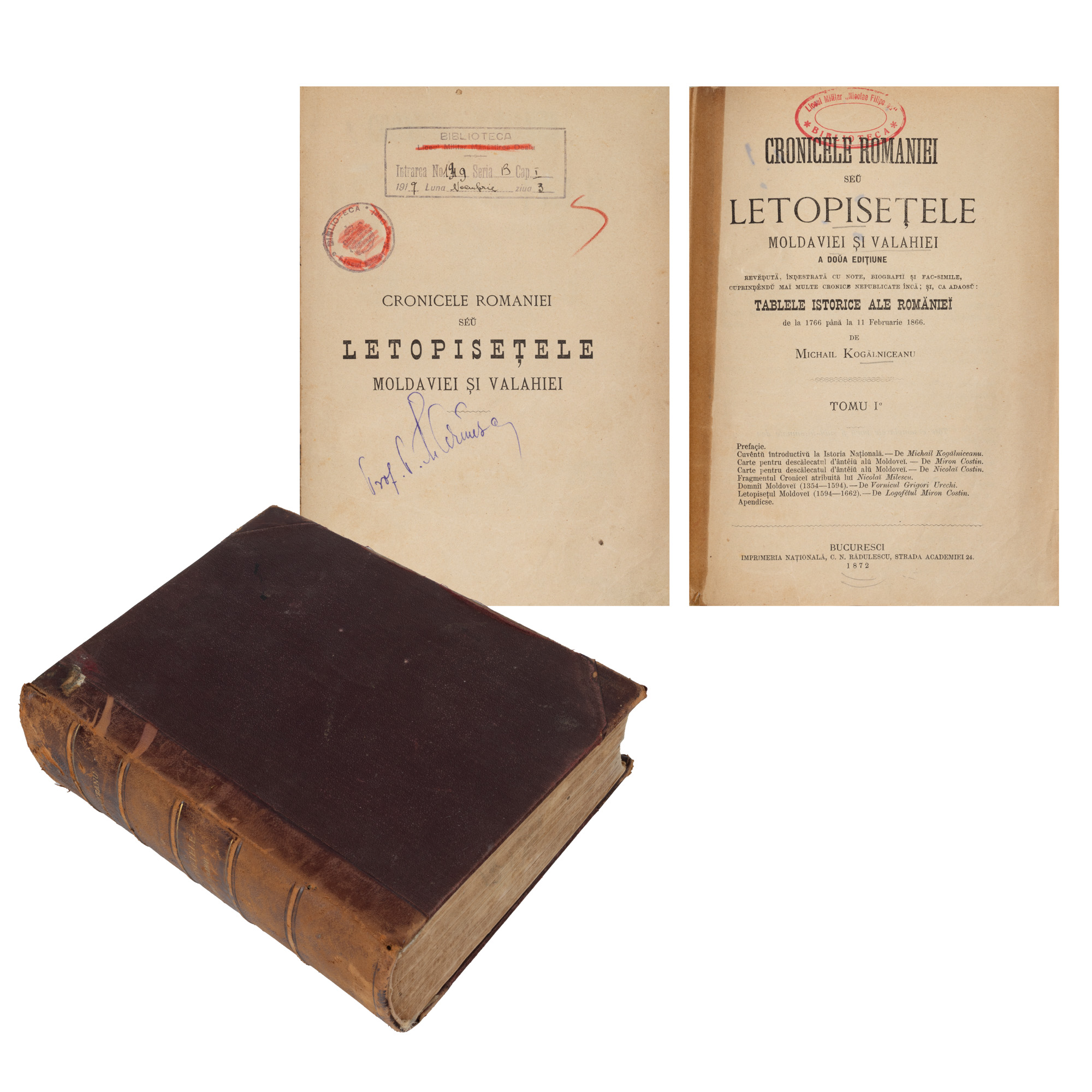 Colegat de trei volume, "Cronicele României sau Letopisețele Moldaviei și Valahiei", de Mihail Kogălniceanu, București, 1872, cu ex-libris