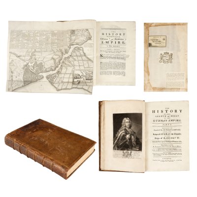 "Istoria Imperiului Otoman”, de Dimitrie Cantemir, engleză, Londra, 1734, ediție princeps, cu două ex-librisuri personale, planul Constantinopolului și 21 de portrete ale sultanilor, raritate extremă, de colecție