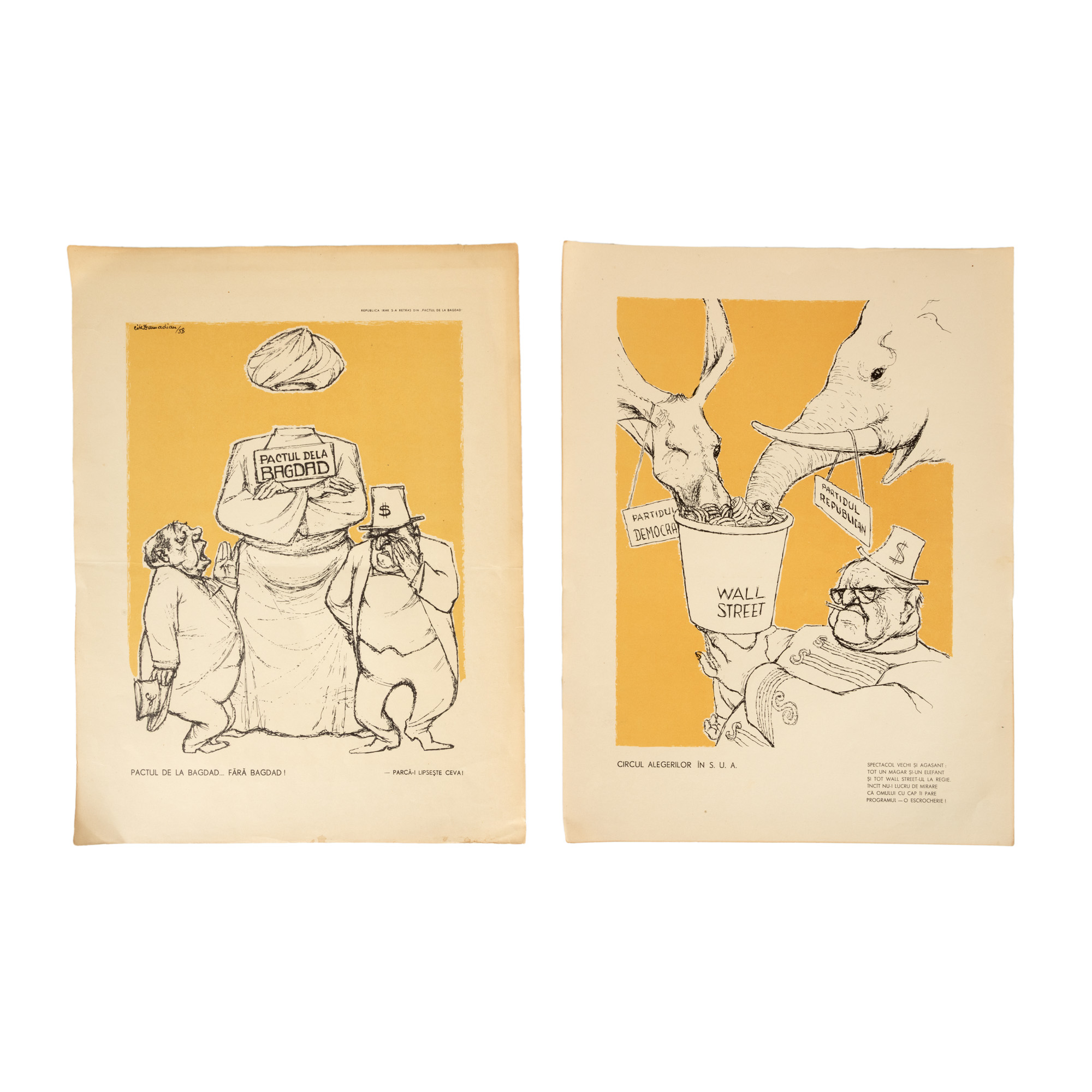 Lot format din două planșe, caricaturi anti-americane, ilustrator Cik Damadian, una semnată în tipar, 1958