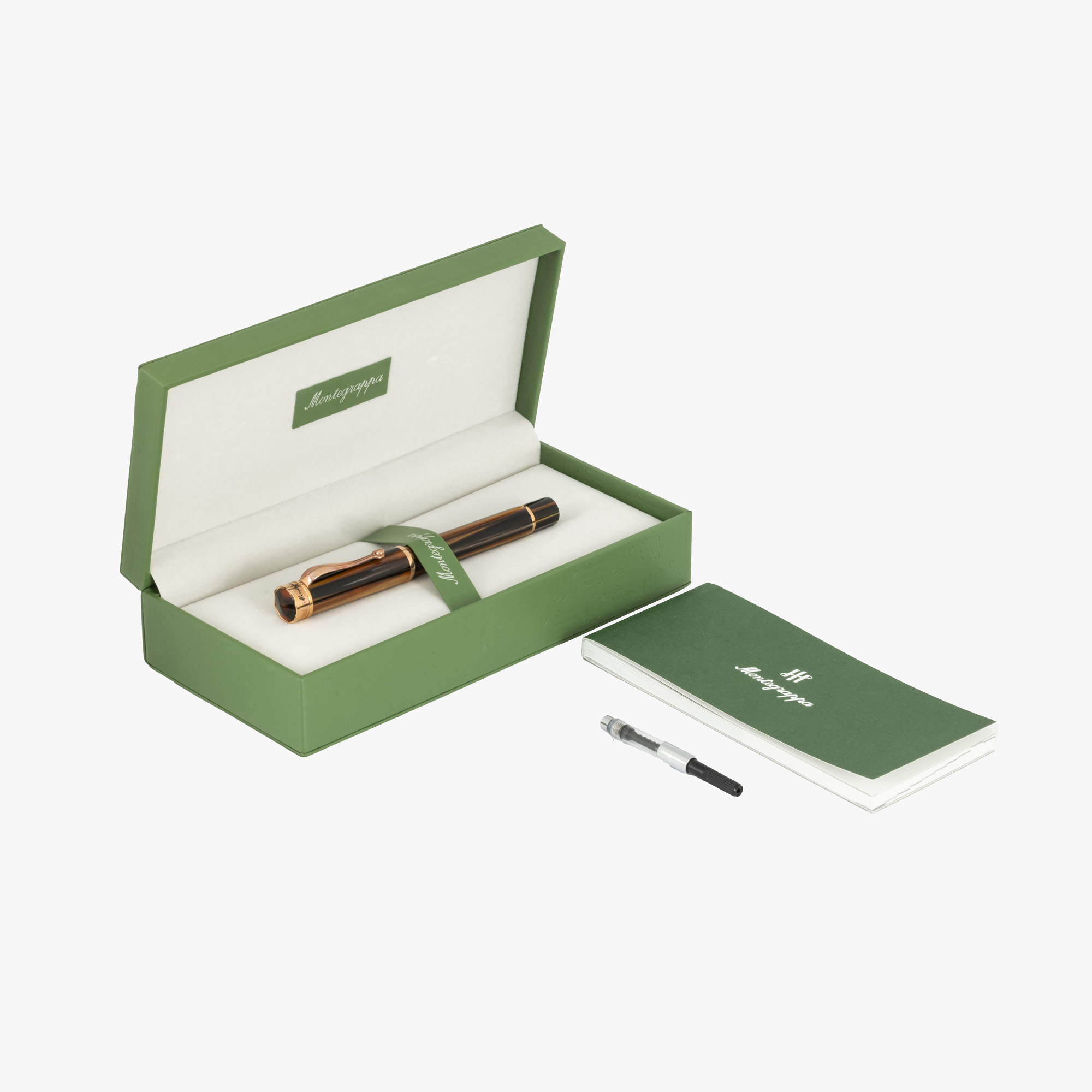 Stilou Montegrappa Ducale, placat cu aur, decorat cu rășină ochi-de-tigru, cu peniță din aur, însoțit de cutia originală și rezervor cerneală