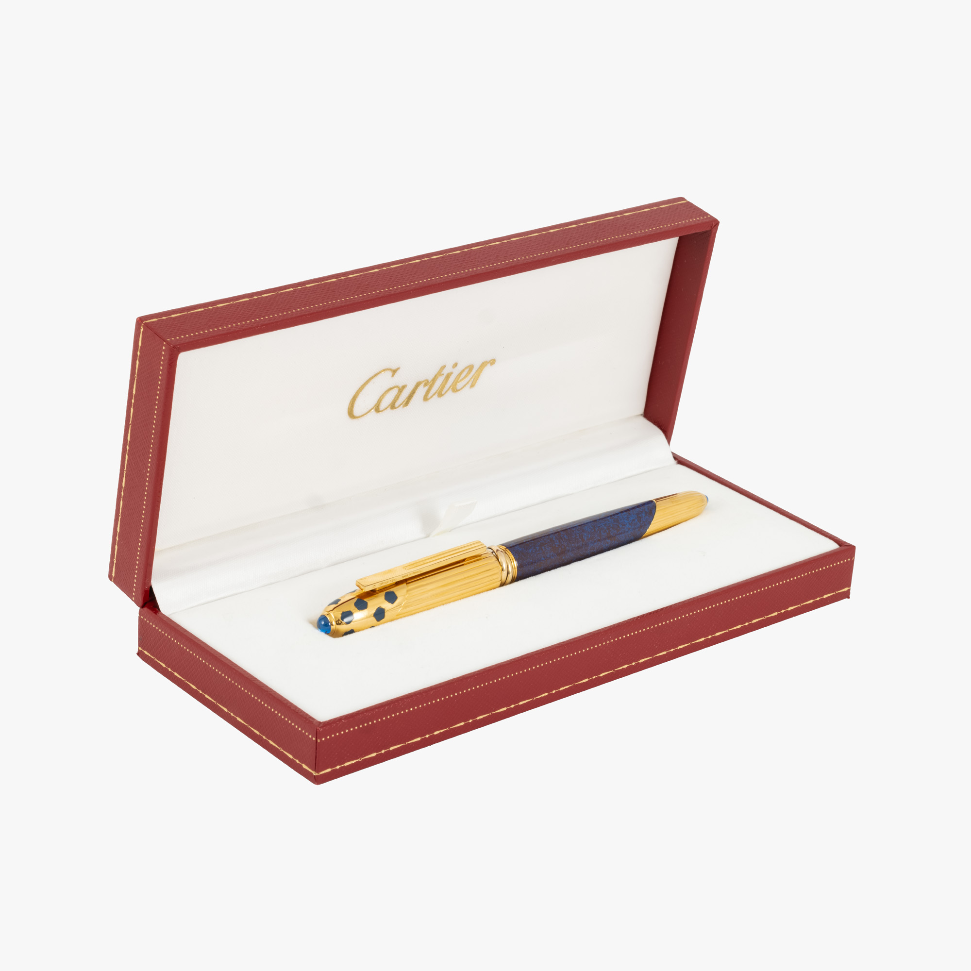 Stilou Cartier Panthere Laque Bleu, placat cu aur, cu peniță din aur și două safire, însoțit de cutia originală