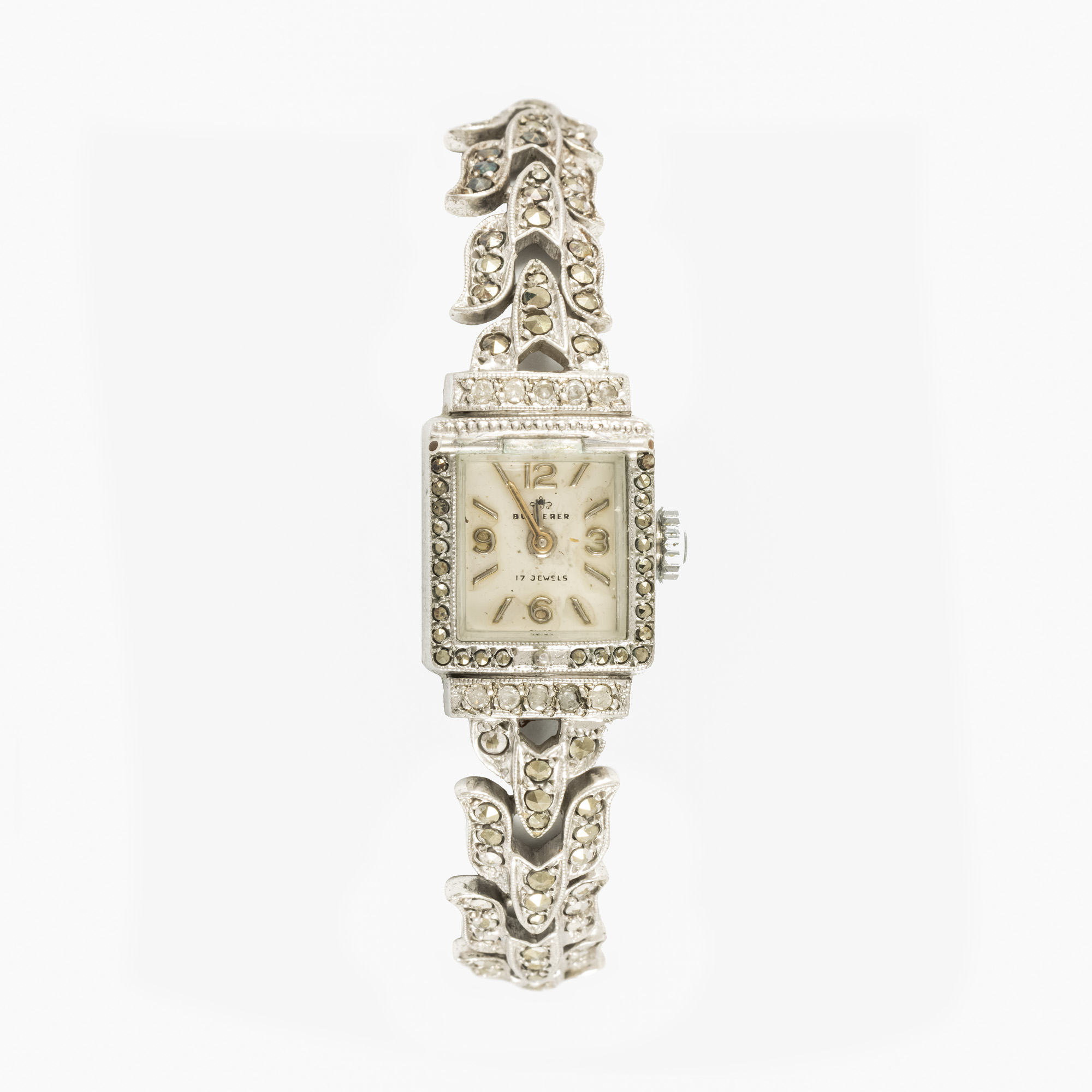 Ceas Bucherer, din argint, cu diamante, marcasite și perlă, de mână, de damă