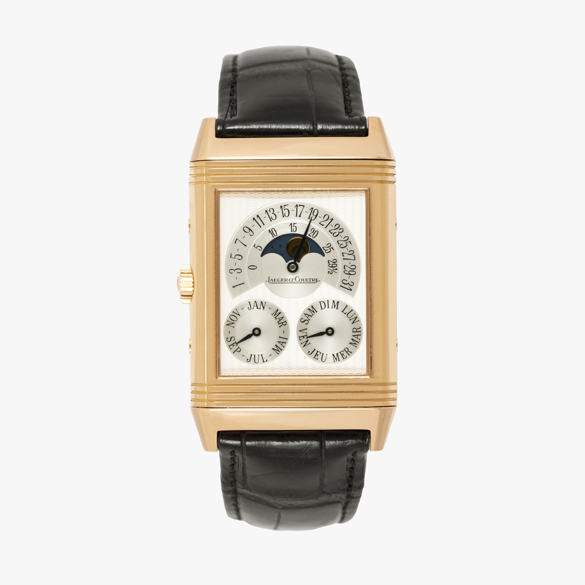 Ceas Jaeger LeCoultre Reverso Quantieme Perpetuel, din aur, de mână, bărbătesc, însoțit de cutia originală, cheie de reglare, curea de schimb originală cu deployant original din aur