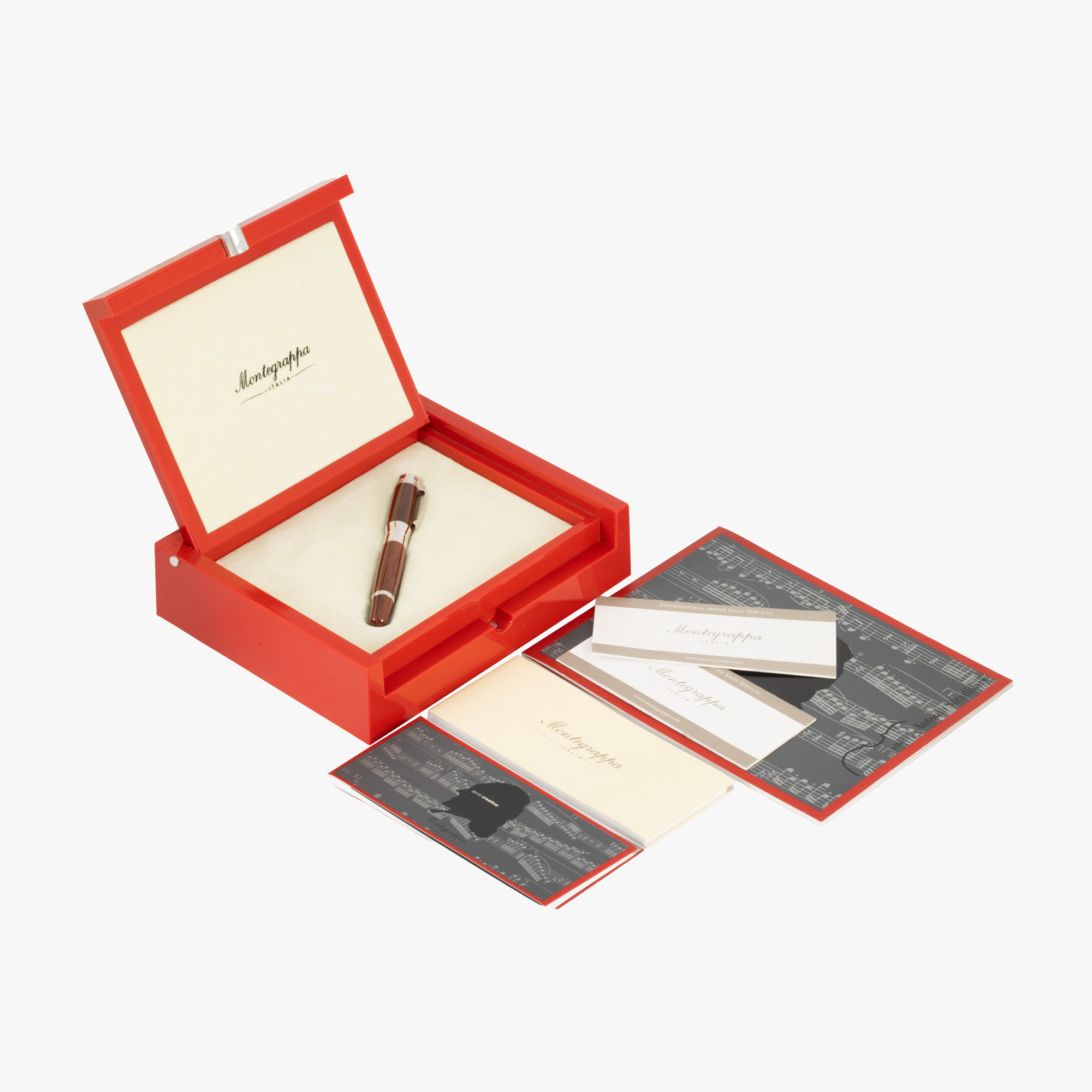 Stilou Montegrappa Genio Creativo, din aur alb, ediție limitată nr. 587/2000, însoțit de cutia originală și broșuri