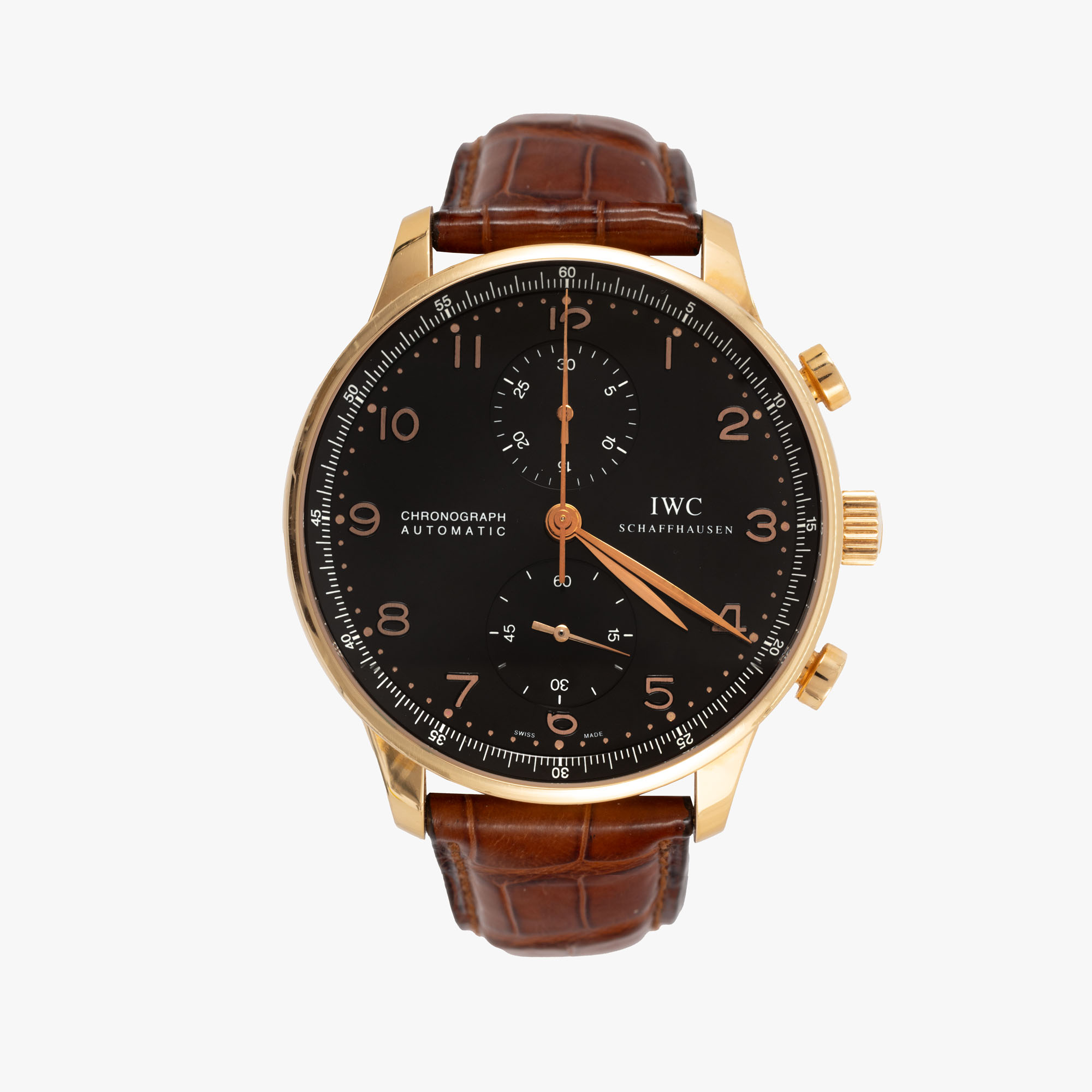 Ceas IWC Portuguese Chronograph, din aur, de mână, bărbătesc, însoțit de cutia originală și broșură