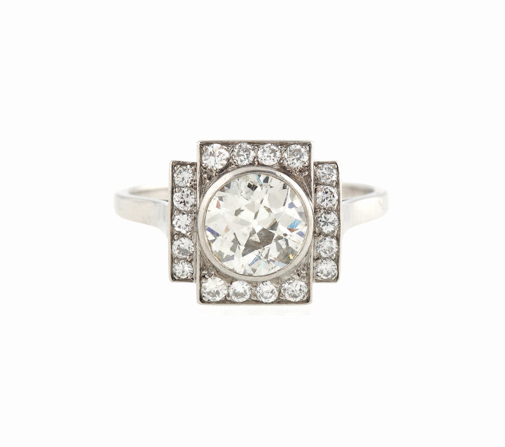 Excepțional inel Art Deco din platină, decorat cu un mare diamant (cca. 1,65 ct.), 1920-1940