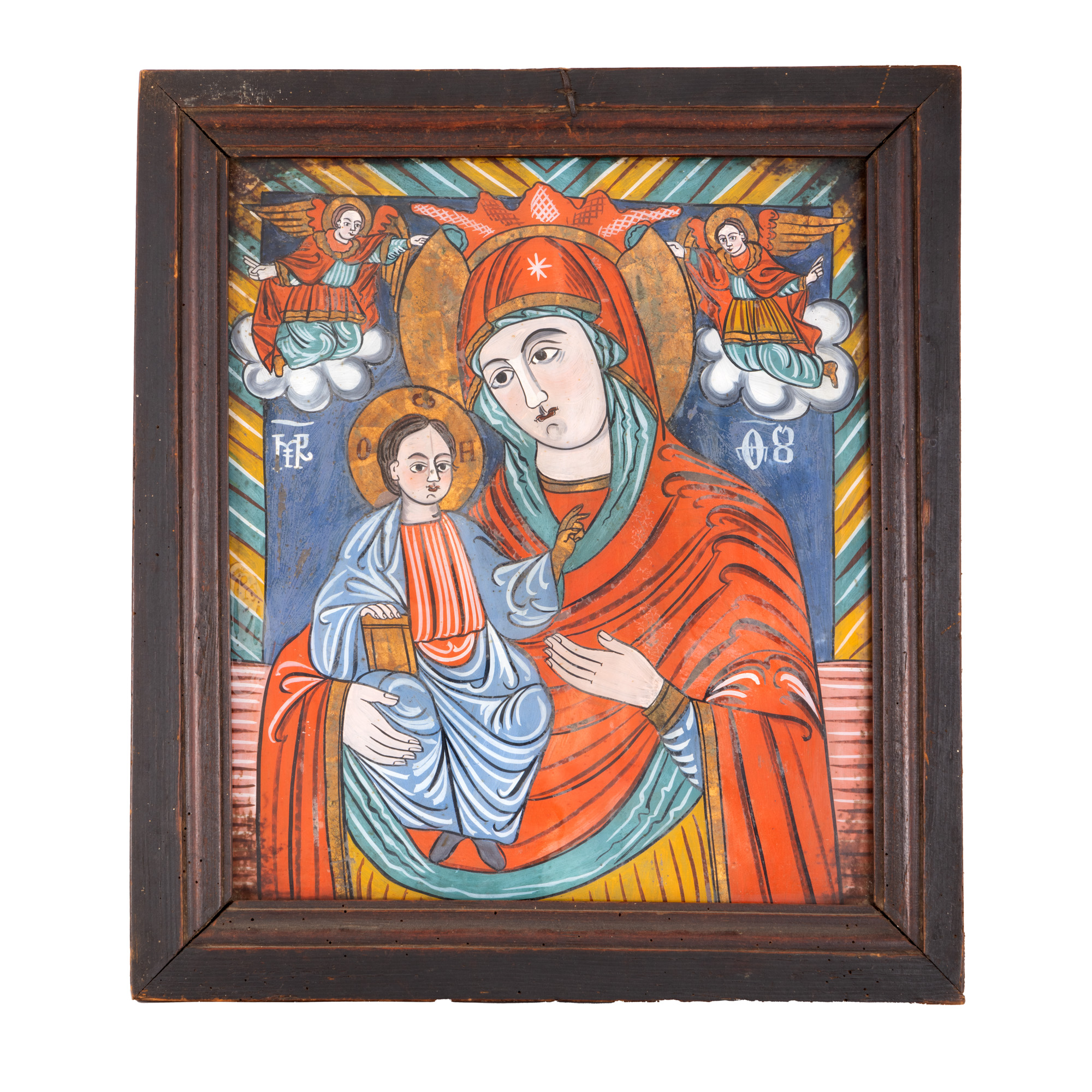 Icoană pe glajă, ”Maica Domnului cu Pruncul (Hodighitria)”, atelierul familiei Grecu, Săsăuș, jumătatea sec. XIX, provine din colecția avocatului Constantin Vișinescu