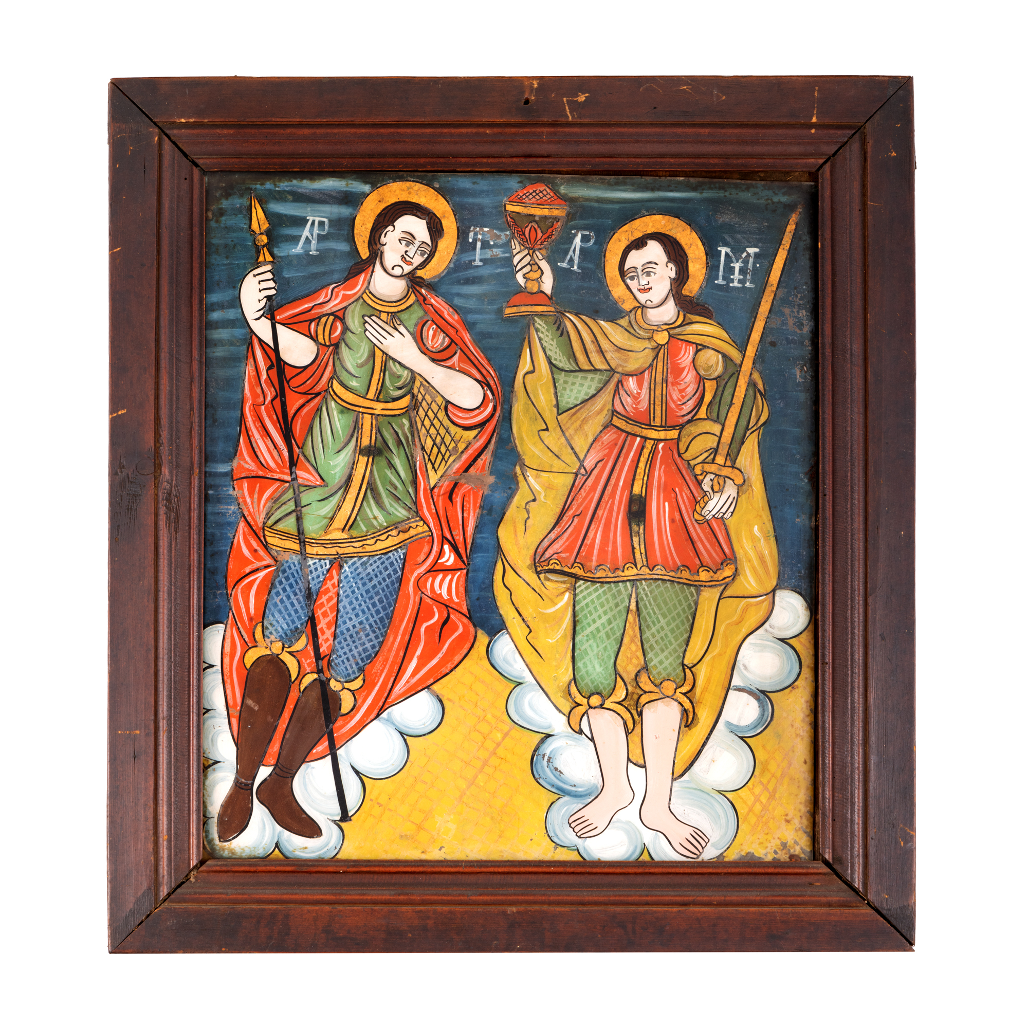 Icoană pe glajă, ”Sfinții Arhangheli Mihail și Gavril?”, familiei Tămaș din Făgăraș, probabil Moise Tămaș, jumătatea sec. XIX, piesă foarte rară, de colecție, provine din colecția avocatului Constantin Vișinescu