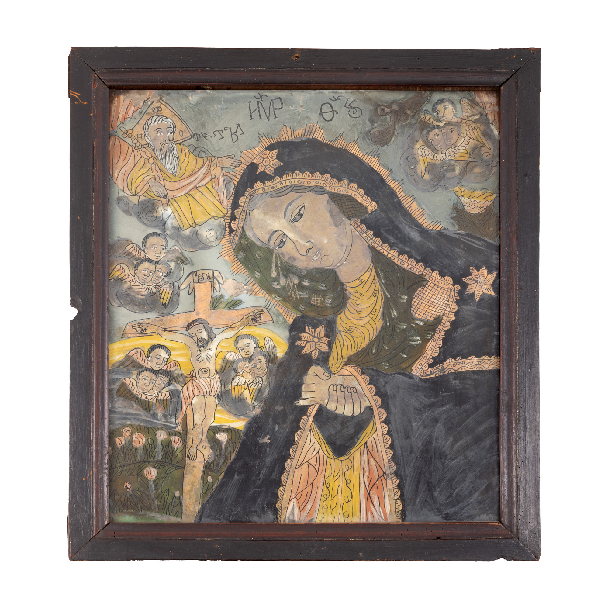 Icoană pe glajă, ”Maica Domnului Îndurerată”, atelier din Șcheii Brașovului, ultimele decenii ale sec. XIX, piesă rară, provine din colecția avocatului Constantin Vișinescu