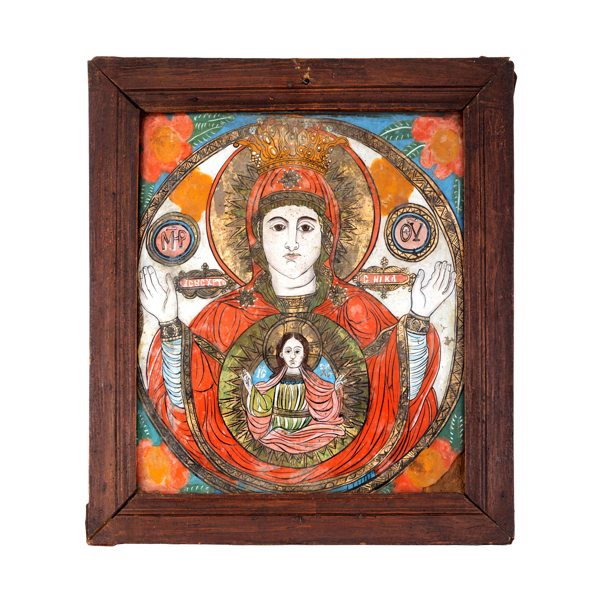 Icoană pe glajă, ”Maica Domnului a Semnului (Platytera)”, atelier din Țara Bârsei, a doua jumătate a sec. XIX, piesă rară, provine din colecția avocatului Constantin Vișinescu